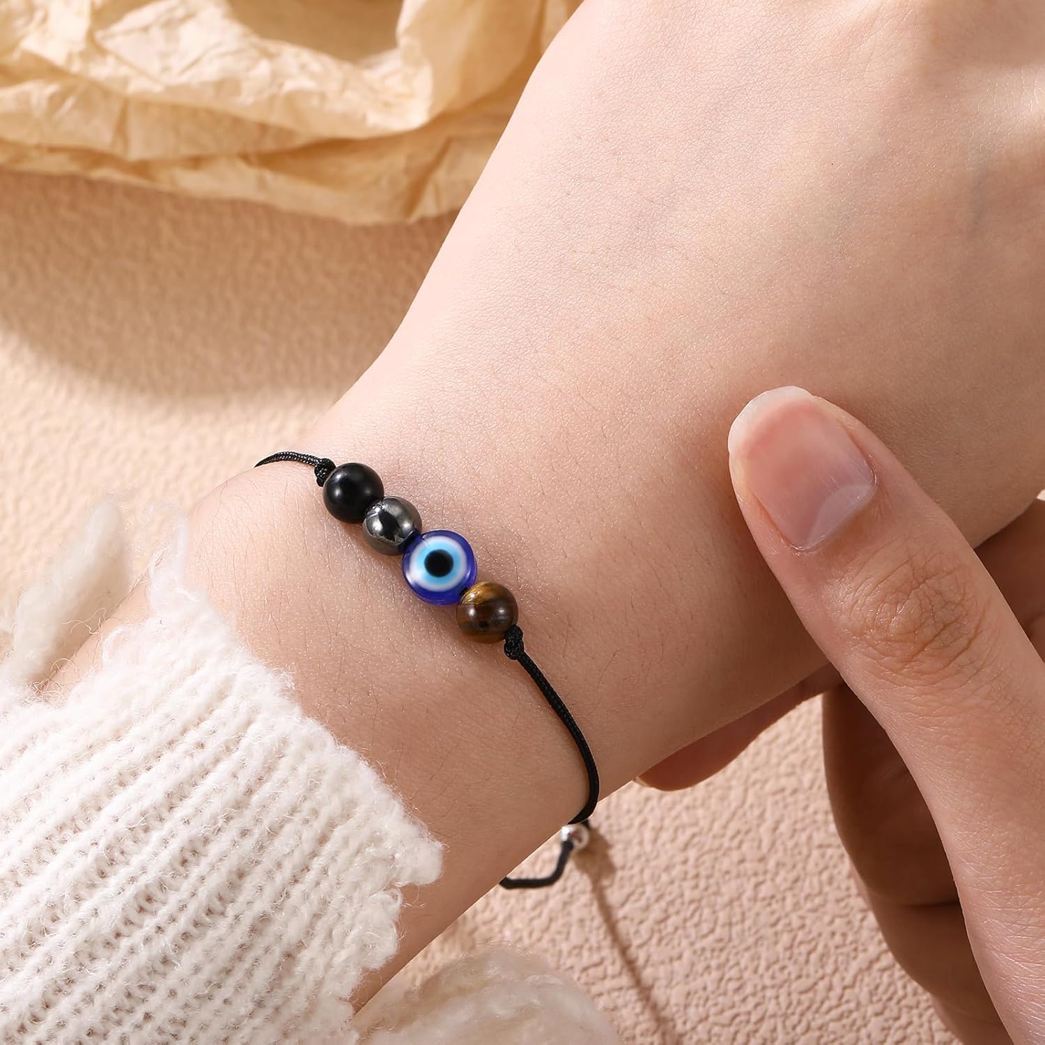Triple Threat Protection Anxiety Relief New Beginnings Gifts for Women Men, Natural Healing Crystal Bracelet Evil Eye Moonstone Tourmaline Amethyst Jewelry for Family Friends Coworker - Image 3