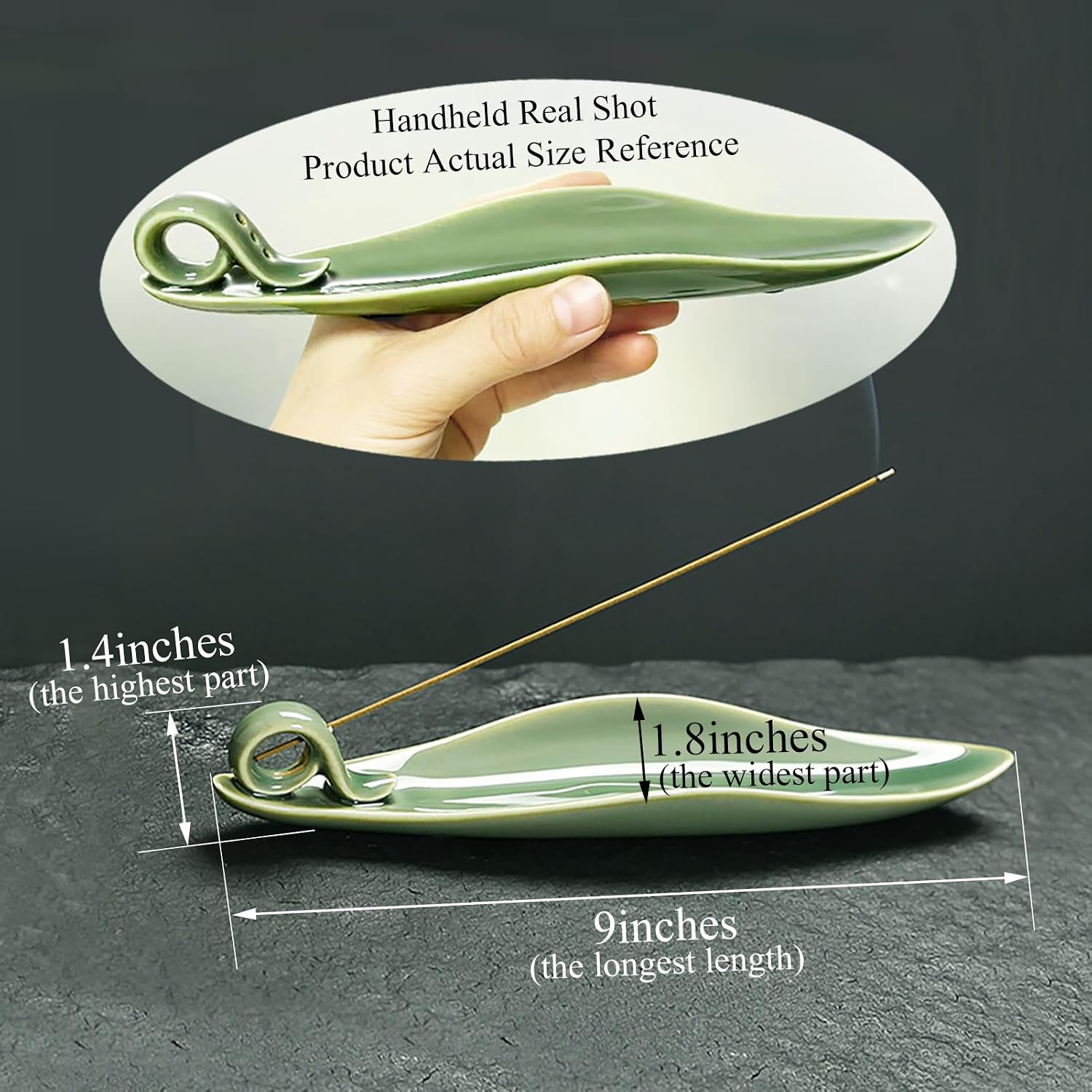 9" Length Incense Stick Holder with 3 Holes, White Porcelain Incense Tray Ash Cather for Spa, Meditation Room, Yoga, Home, Office (Green) - Image 5