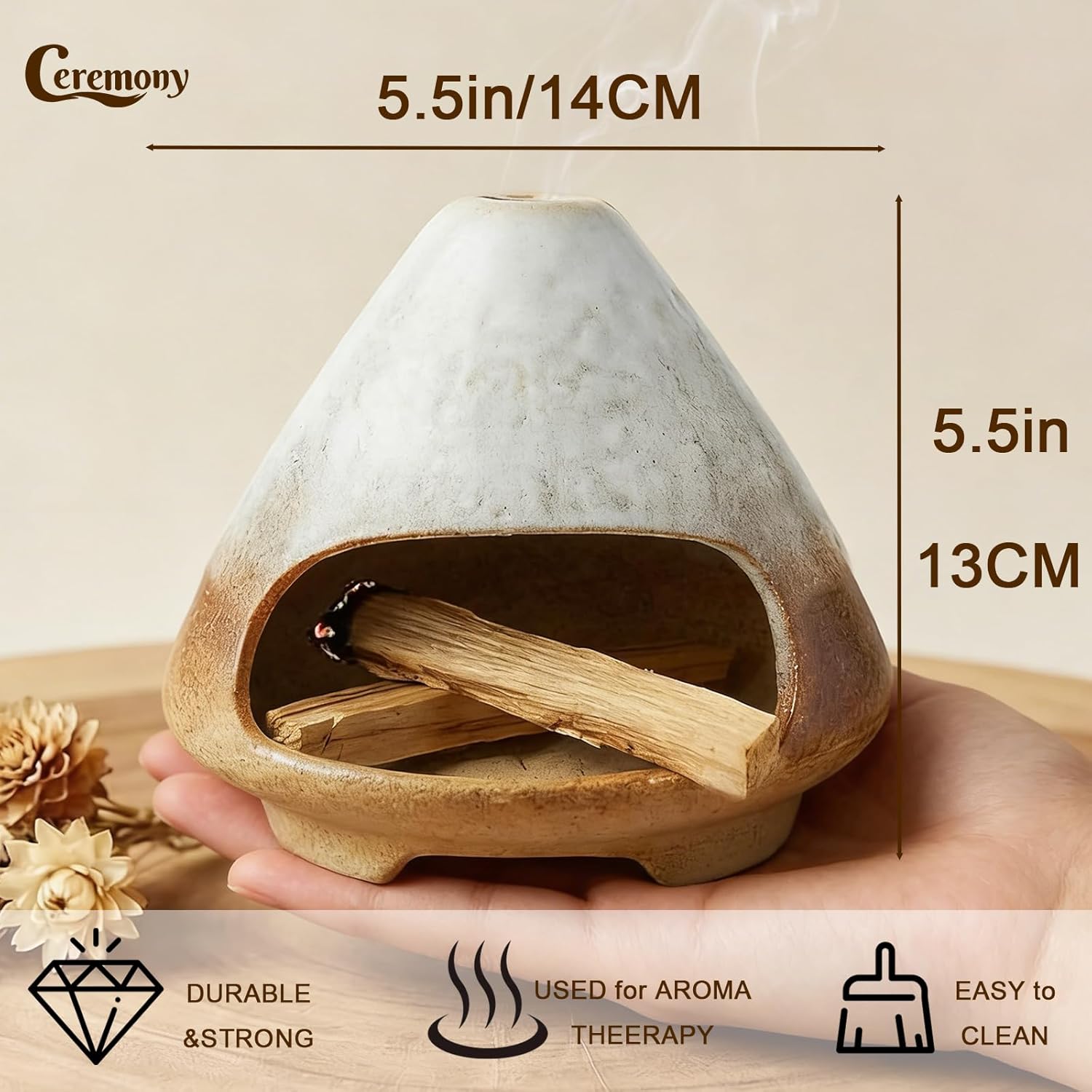 CEREMONY Palo Santo Holder -Mini Ceramic Incense Holder for Palo Santo and Sticks - White Sage Holder for Meditation Decor Ceremony Incense with Glass Gray Collector (Brown-Mount Fuji) - Image 4