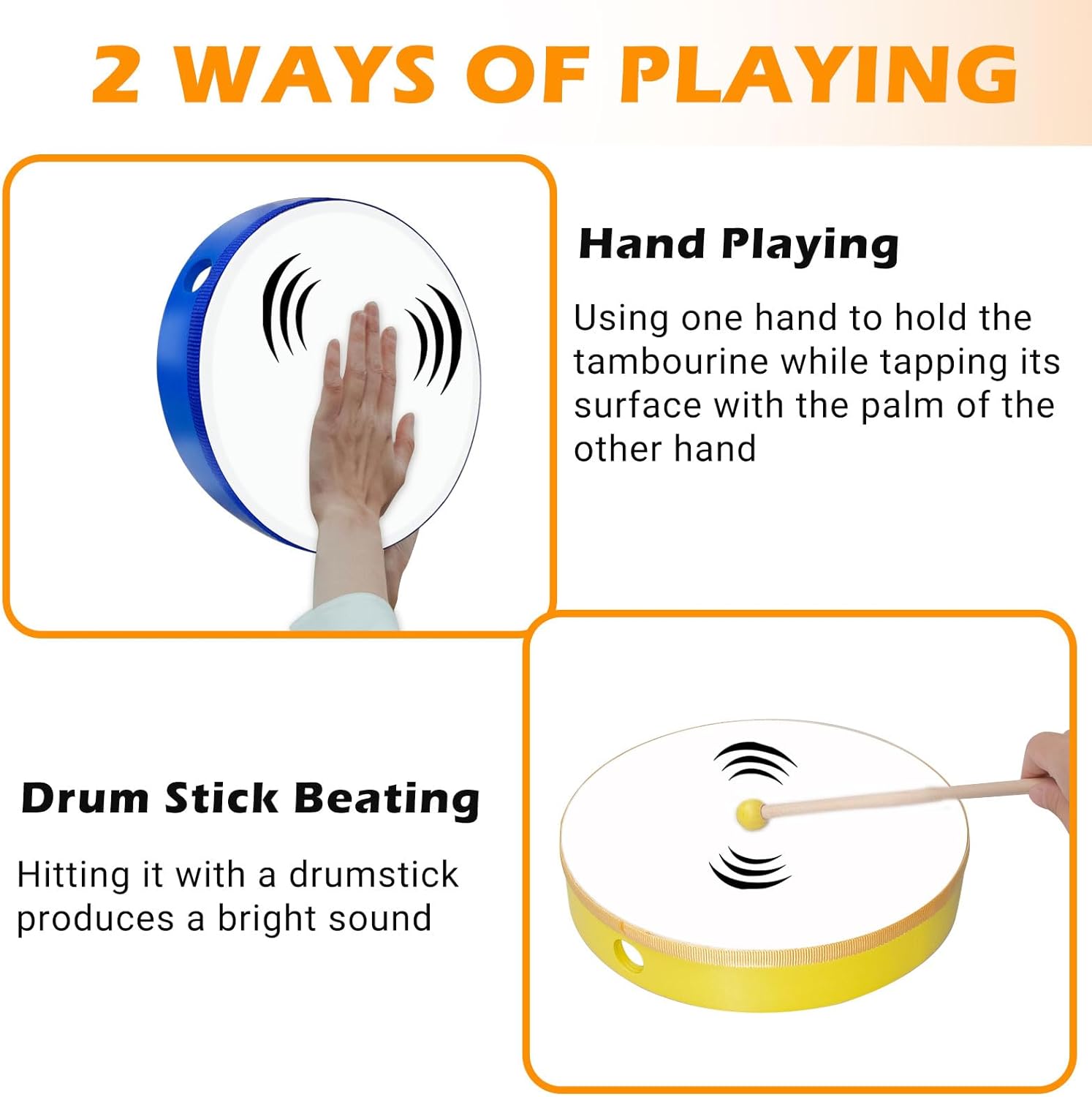 5 Pcs Kids Hand Drums Wood Frame Drum Set with Drum Stick 12 Inch 10 Inch 8 Inch 6 Inch 4 Inch Multicolor Percussion Musical Instruments for School Kids Adults Beginners Home Party Supplies - Image 3