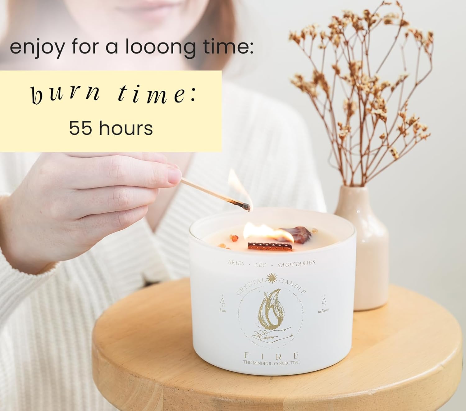 Aries, Leo, Sagittarius Gifts for Women - 12oz Wood Wick Candles that Crackle with Crystals and Healing Stones. Healing Crystal Candles for Women Home Scented. Soy Wax, for Zodiac Birthdate - Image 3