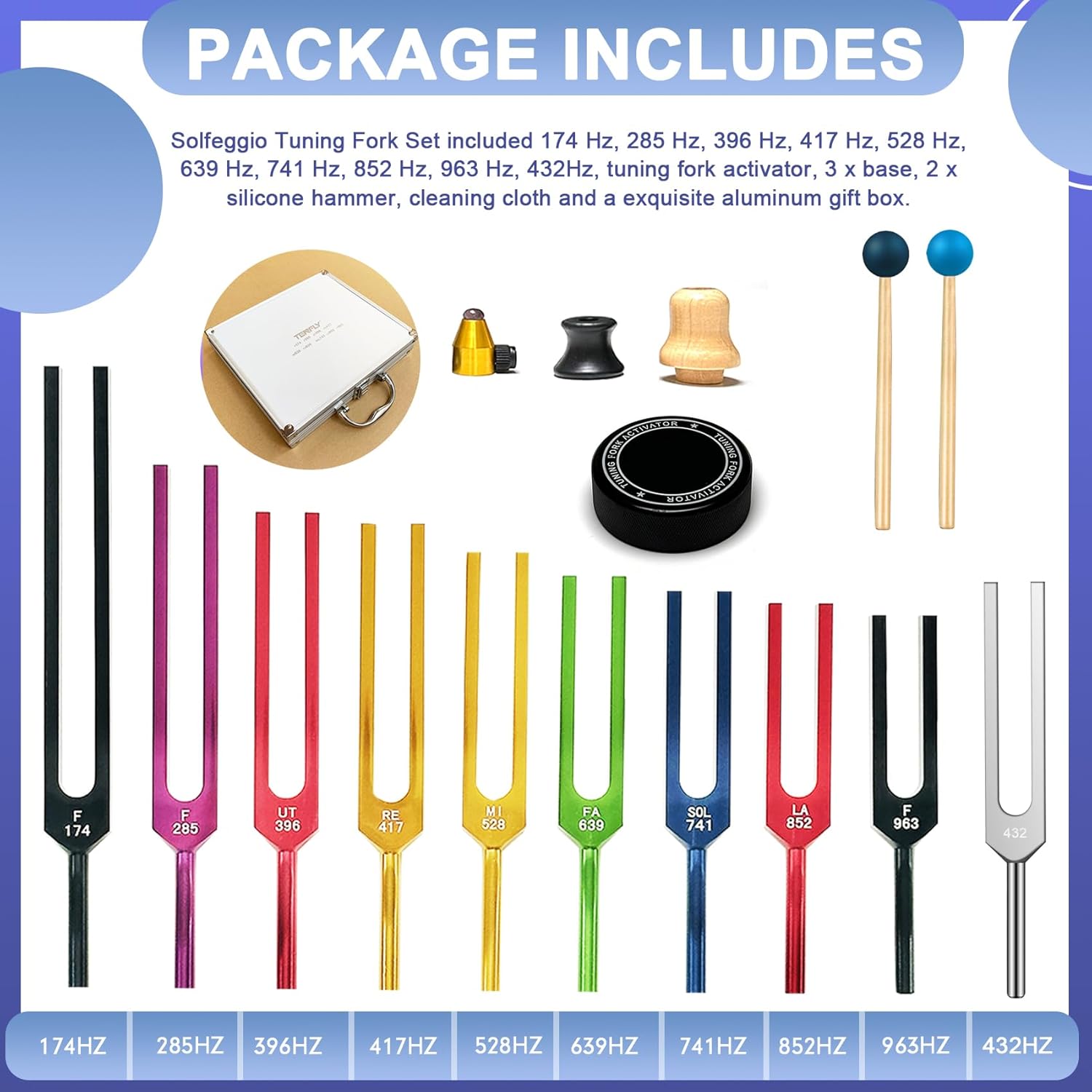 Solfeggio Tuning Fork Set - 10 Multicolour Tuning Forks Perfect for DNA Healing with Exquisite Aluminum Gift Box (174 Hz, 285 Hz, 396 Hz, 417 Hz, 432Hz, 528 Hz, 639 Hz, 741 Hz 852 Hz, 963 Hz) - Image 2
