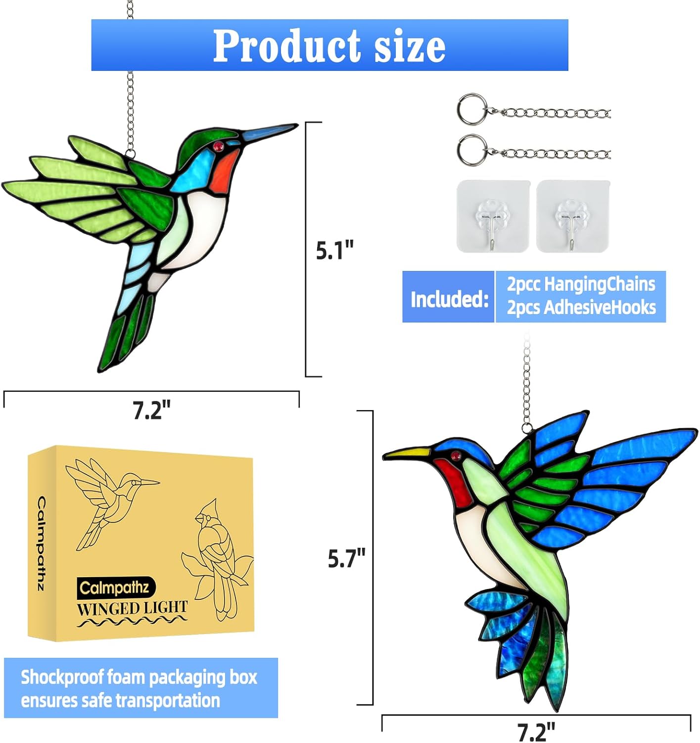 2 Packs Hummingbird Stained Glass Window Hanging Suncatchers - 6 Inch Handmade Real Glass with Copper Foil Edges, Bird Safe Gifts for Women Mom Grandma Bird Lovers(Suction Hooks Included) - Image 7