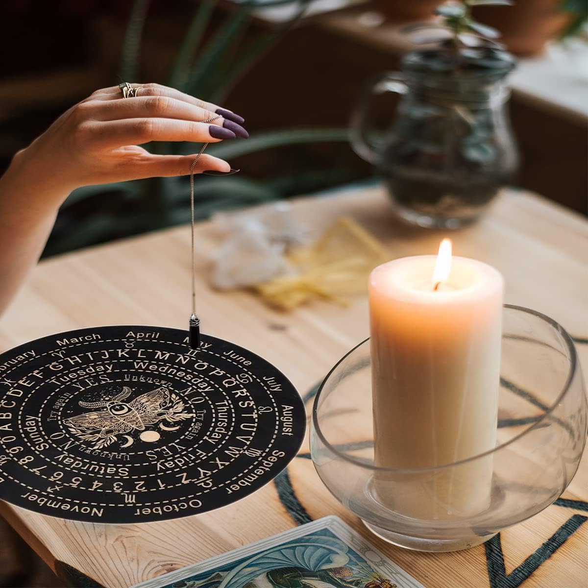 Golgner Wooden Divination, Wooden Pendulum Board Dowsing with Crystal Dowsing, Witchcraft Wiccan Altar Supplies Kit, Wooden Carven Board for Divination Decoration 9.8in - Image 2