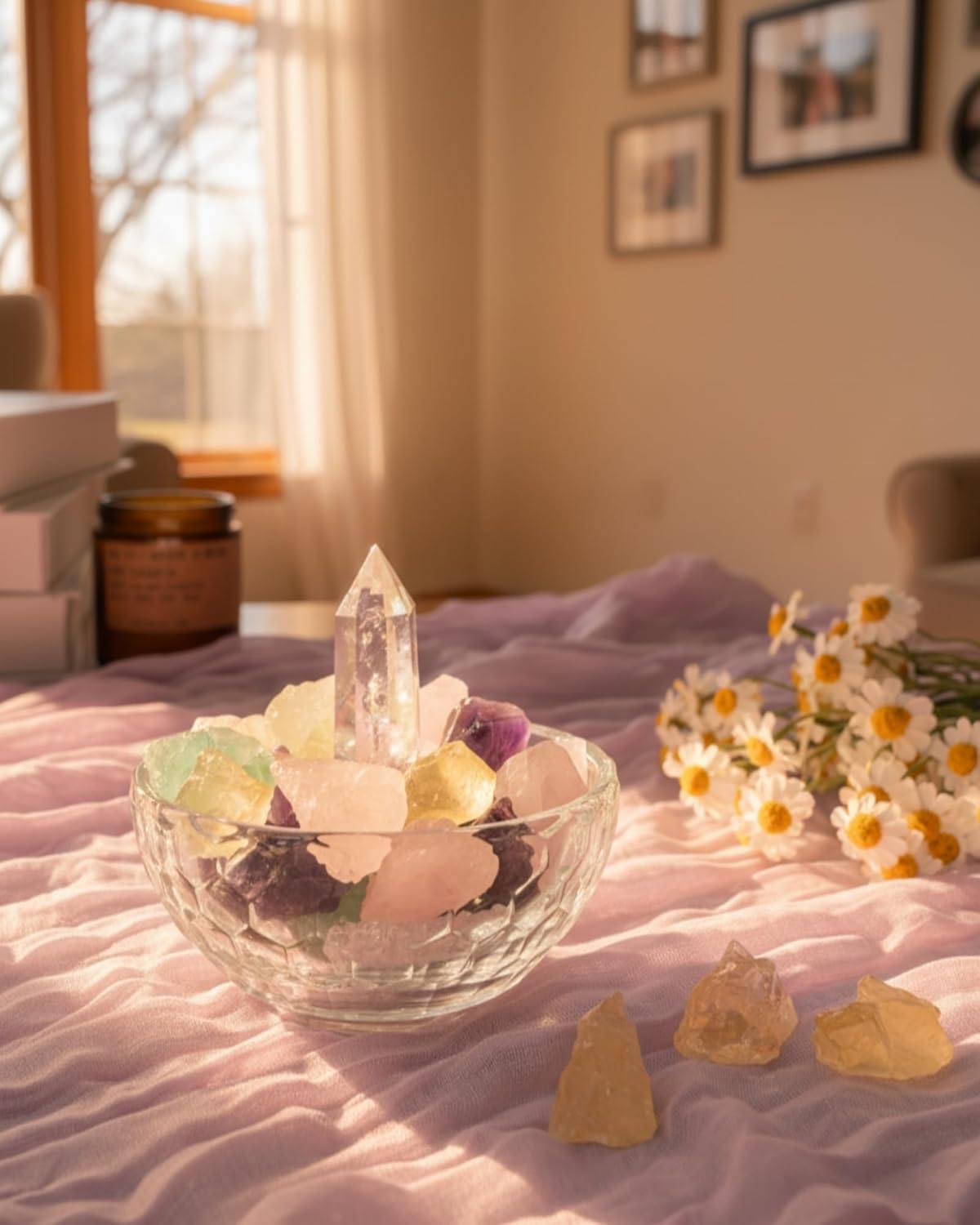 Crystal Decor Bowl Set – 4" Glass Cleansing Bowl with Real Healing Crystals: Clear Quartz Tower, Amethyst, Rose Quartz, Citrine & Fluorite – Meditation Decor & Spiritual Gift Box - Image 6