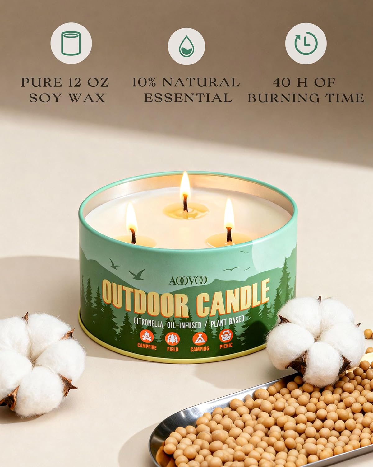 AOOVOO Citronella Candles Outdoor - 3 Wick 12oz Large Camping Candle, Soy Wax Non Toxic, Strong Citronella Scented Candle for Patio Backyard Garden Picnic - Image 4