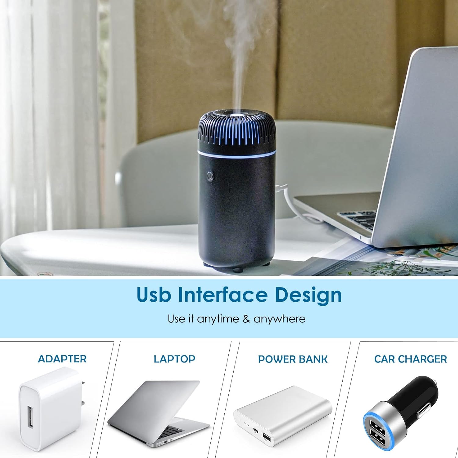 Car Diffuser Humidifier USB Aromatherapy Essential Oil Air Freshener USB Cool Mist Mini Portable Diffuser for Car Home Office Bedroom (Black) - Image 4