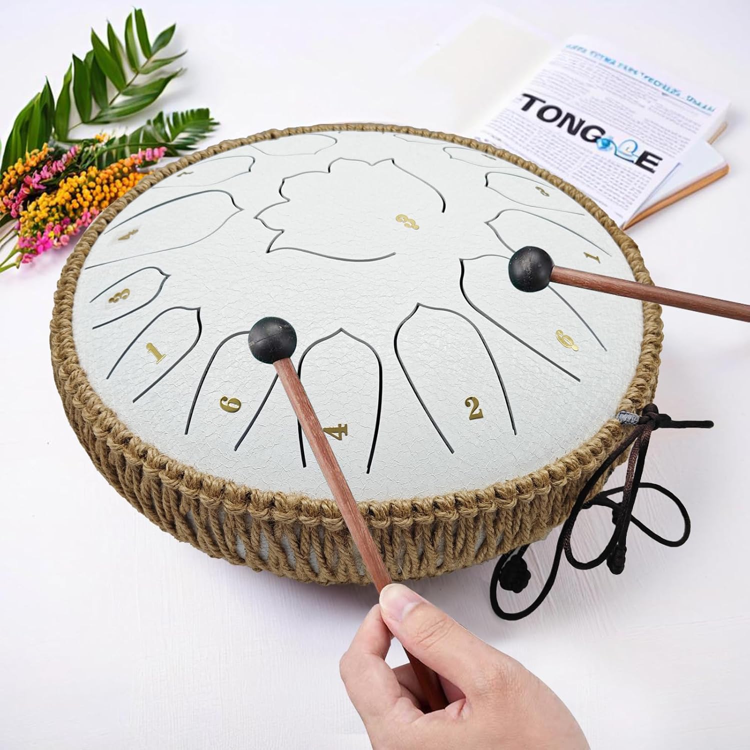 BETESINE 13-Inch 15-Note Steel Tongue Drum, C Major, Angel White | Beginner set with mallets, music book, note labels and carrying bag for practice, meditation, yoga and gifting - Image 2