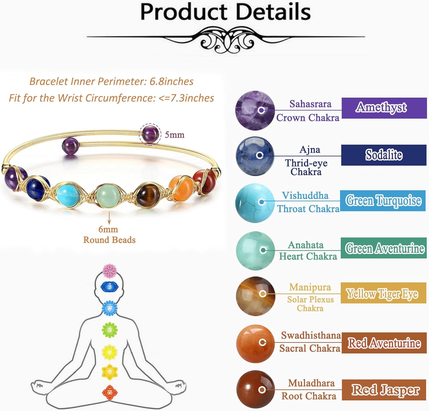 Top Plaza 7 Chakra Bracelet Healing Crystal Stone Bead Ankle Bracelets Adjustable 14K Gold Plated Bracelets for Women Ladies Birthday Gifts Mom Gifts - Image 6