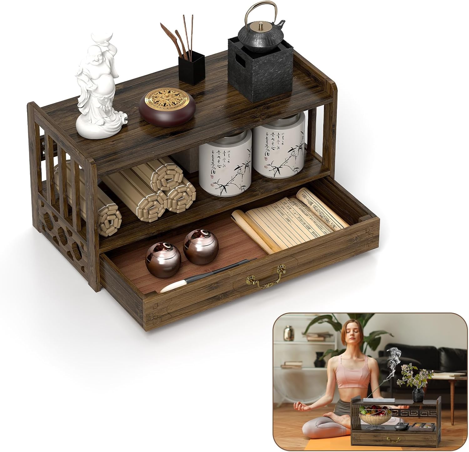 ikare Meditation Altar Table, Altar Table with Drawer, Puja Table for Home, Meditation Table for Prayers, Divination, Worship or Bamboo Furniture for Displaying Jars, Plants and Books (52cm) - Image 3