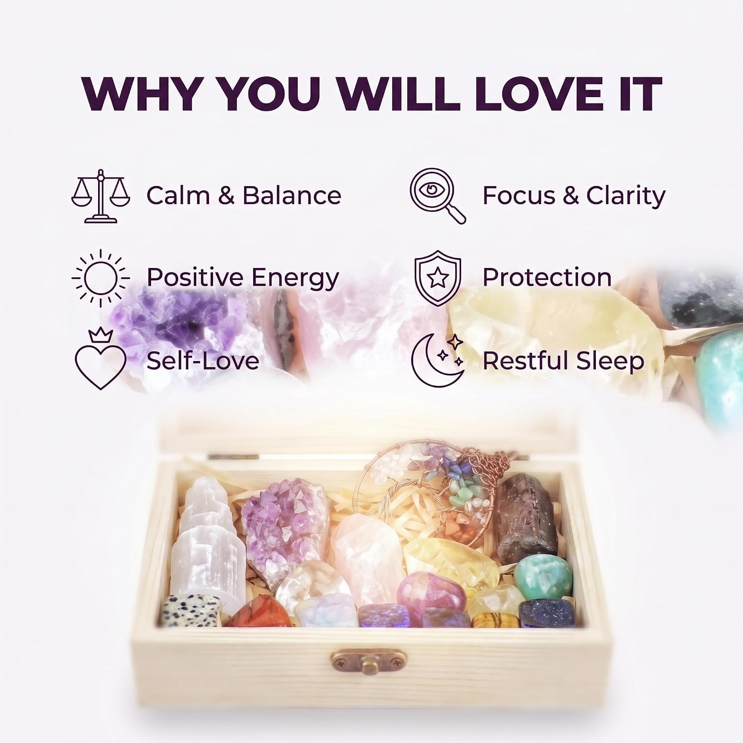 AtPerry's Healing Crystals Set - 16 Real Chakra Crystals & Stones for Stress & Anxiety Relief, Wooden Gift Box + Tree of Life Necklace + Guide Book, Selenite Amethyst Rose Quartz - Gift for Women - Image 6