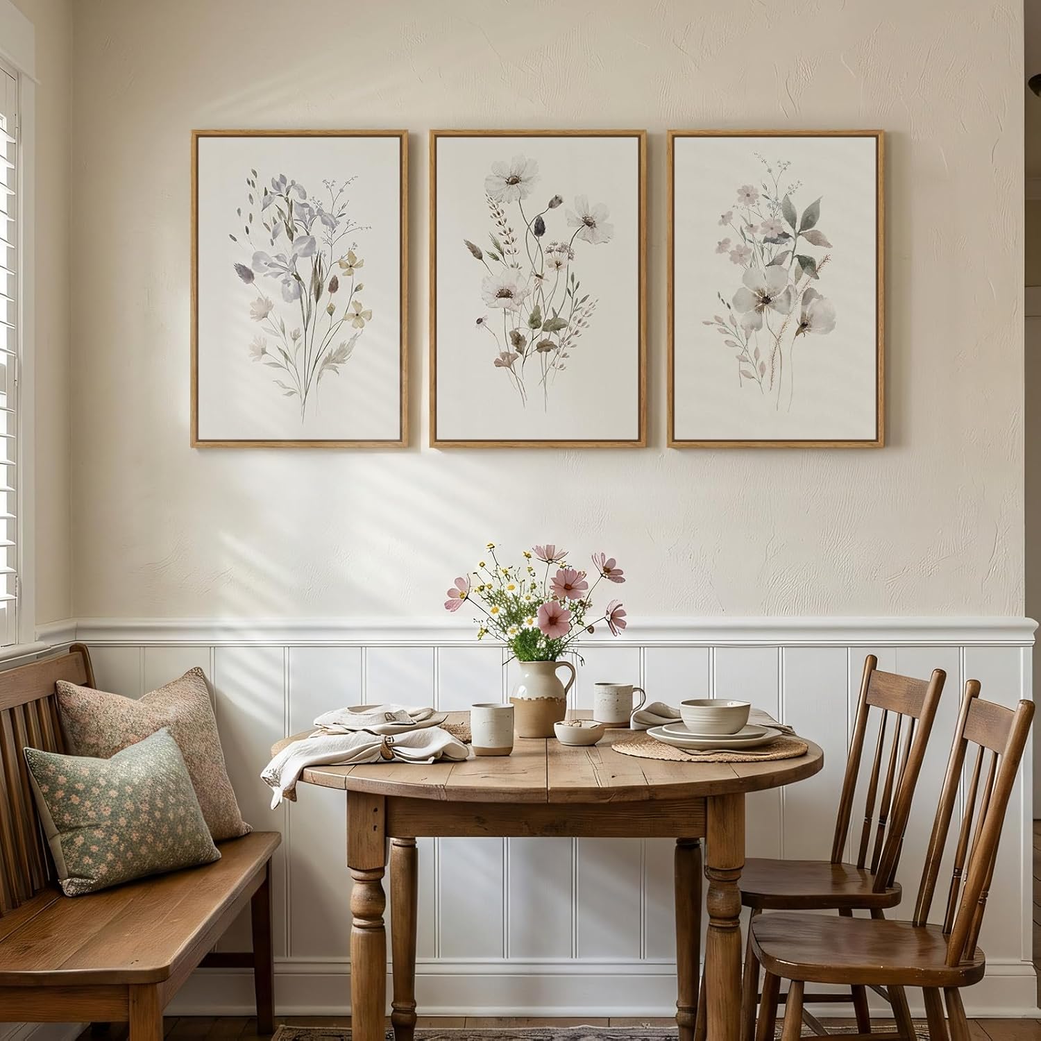 Framed Neutral Floral Botanical Wall Art Set of 3, Modern Farmhouse Flower Canvas Prints Paintings, Rustic Minimalist Wildflower Plant Pictures for Living Room Bedroom Hallway Wall Decor, 16x24 Inch - Image 2