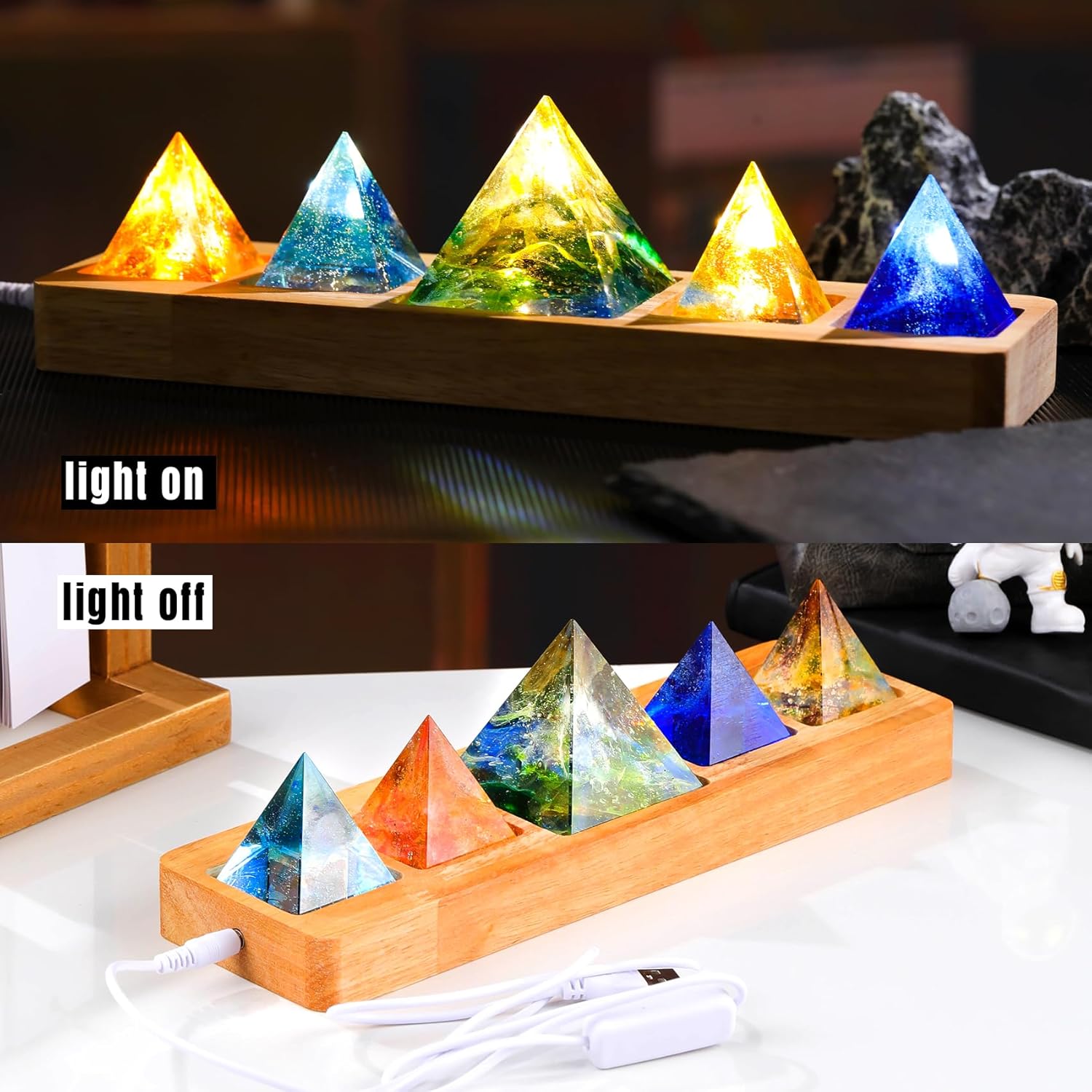 Ornalrist 5 Chakra Natural Healing Pyramid with Wooden LED Light Base Crystal Quartz Pyramid for Meditation, Positive Energy, Sleep, Spiritua Night Light Home Decor - Image 3