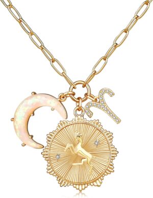 Gold Zodiac Sign Coin Necklace with...