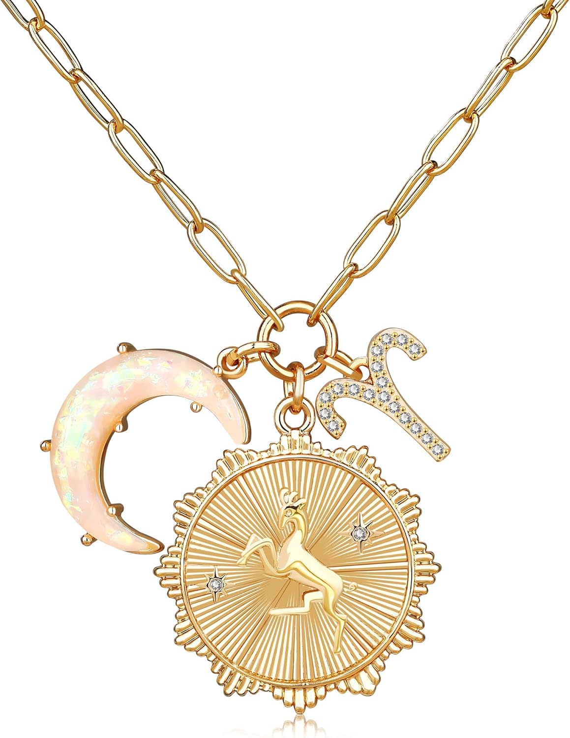 Gold Zodiac Sign Coin Necklace with Opal Crescent Moon Charm for Women Trendy, Dainty Gold Paperclip Chain 12 Constellation Horoscope Necklaces Astrology Jewelry Gifts