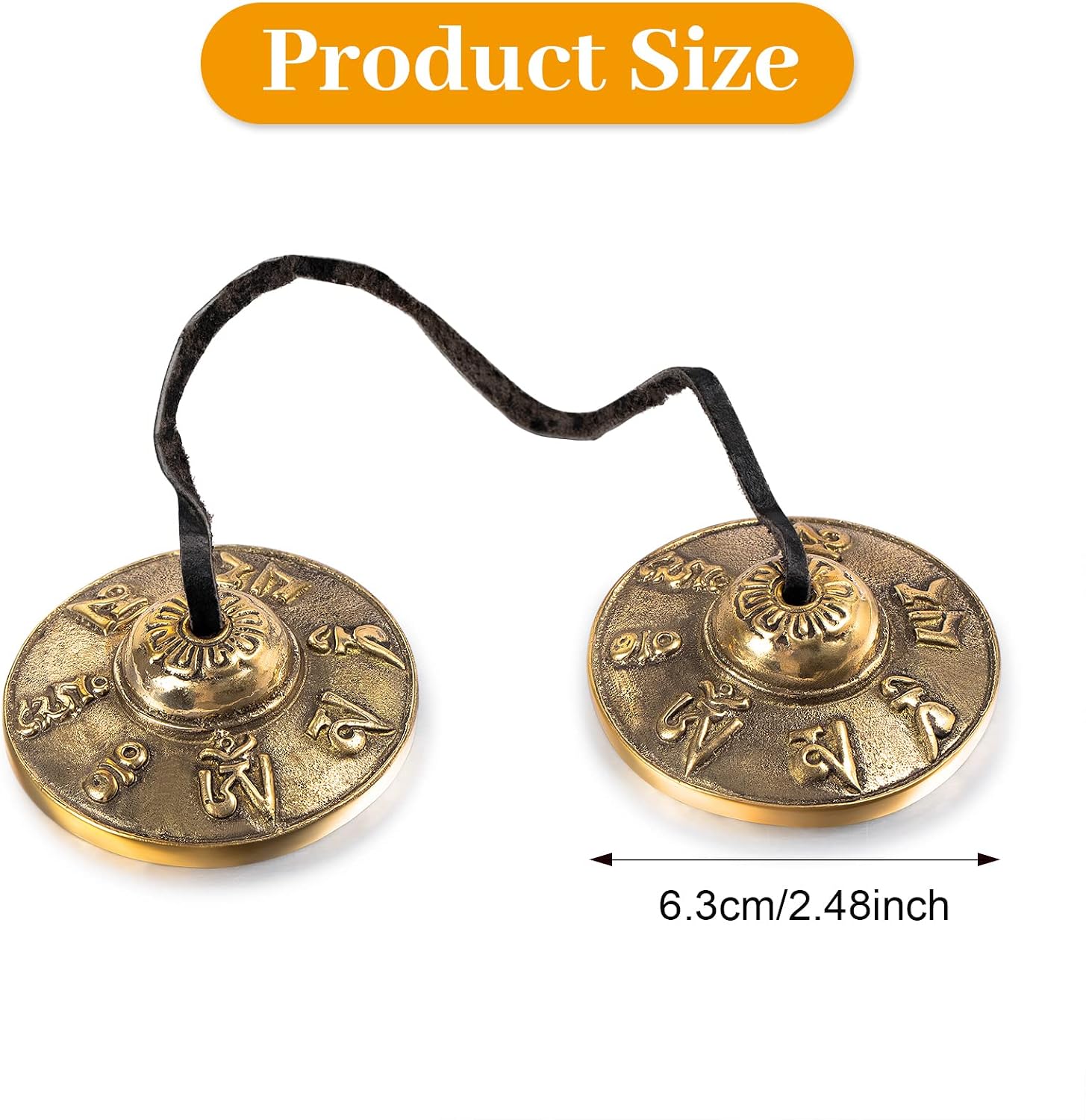 Boao Tibetan Bells Tingsha Cymbals Meditation Chime Bells with Tibetan Drawstring Cloth Bag, 6.3 cm Yoga Finger Meditation Chime for Percussion Instrument(Om Mane Padme Hum Symbols Embossed) - Image 2