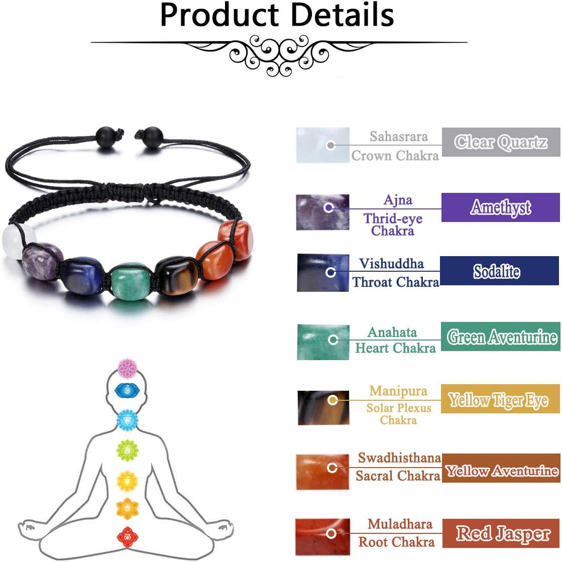 Jovivi 7 Chakra Reiki Healing Crystals Stretch Bracelet Natural Gemstone Energy Balancing Yoga Beads Bracelet for Women Braided Rope/Elastic String - Image 3