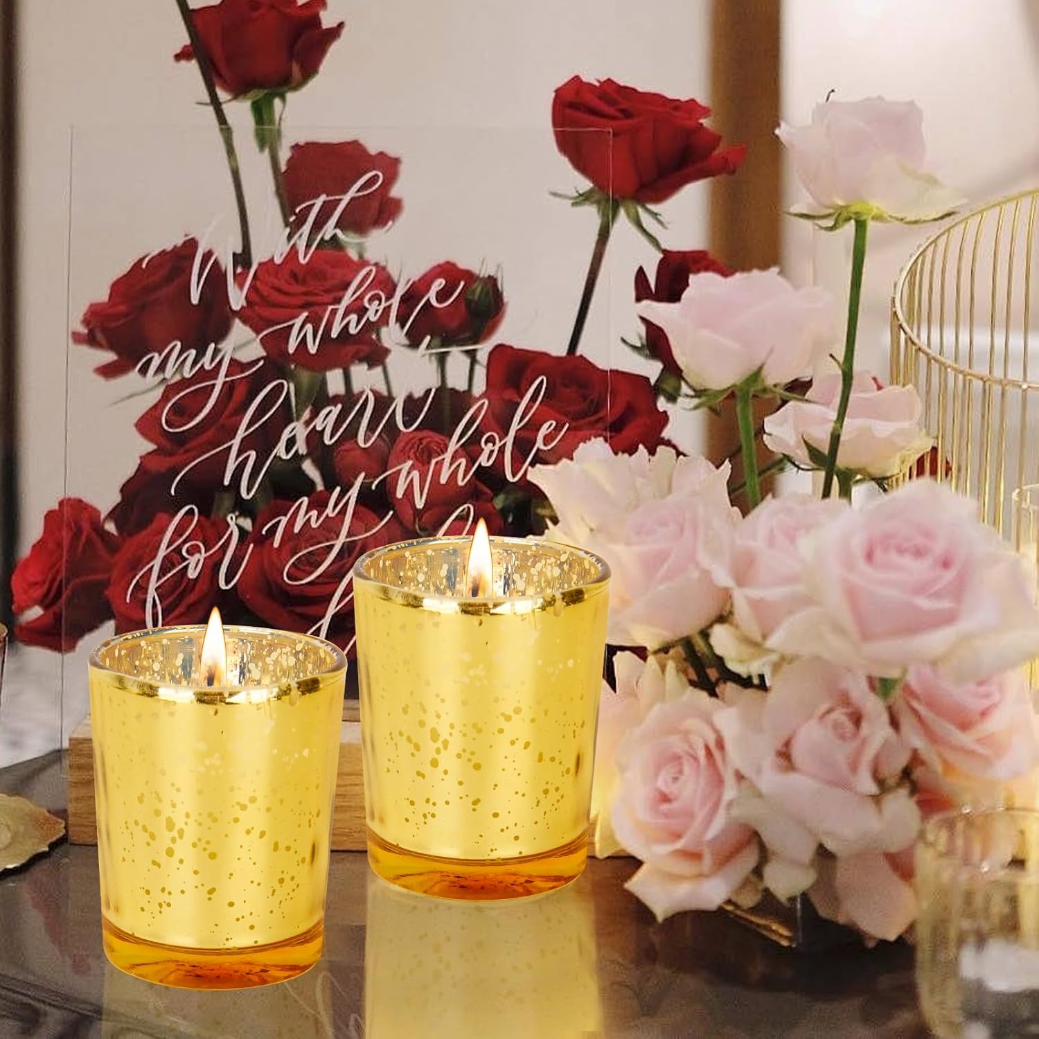 Soft Breeze 24 PCS Speckled Mercury Golden Glass Candle, Unscented Glass Votive Candle, Birthday&Wedding Decorations for Table Home,Anniversary Party Candles,Golden - Image 4