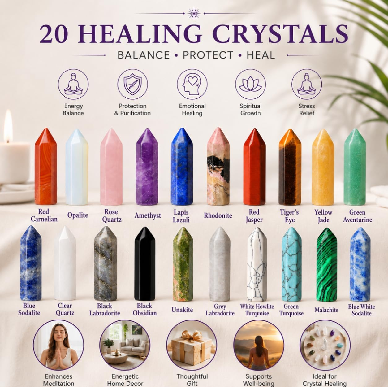 QINJIEJIE 20 PCS Healing Crystals Stones Sets Wands Bulk Natural Pocket Amethyst Crystal Rose Quartz Assorted Pointed Reiki Gemstones Polished Energy Meditation Chakra Mother's Day Gifts for Women - Image 3