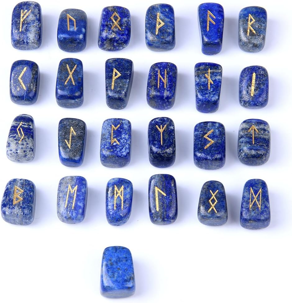 TGS Gems RN001 Lapis Lazuli Rune Stones Set Engraved Pagan Lettering with Instruction Booklet and Velvet Pouch - Image 4