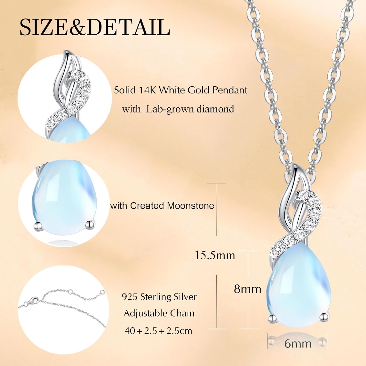 FANCIME 14K Solid White Gold Teardrop Pendant with Diamond Birthstone Necklace - Image 3