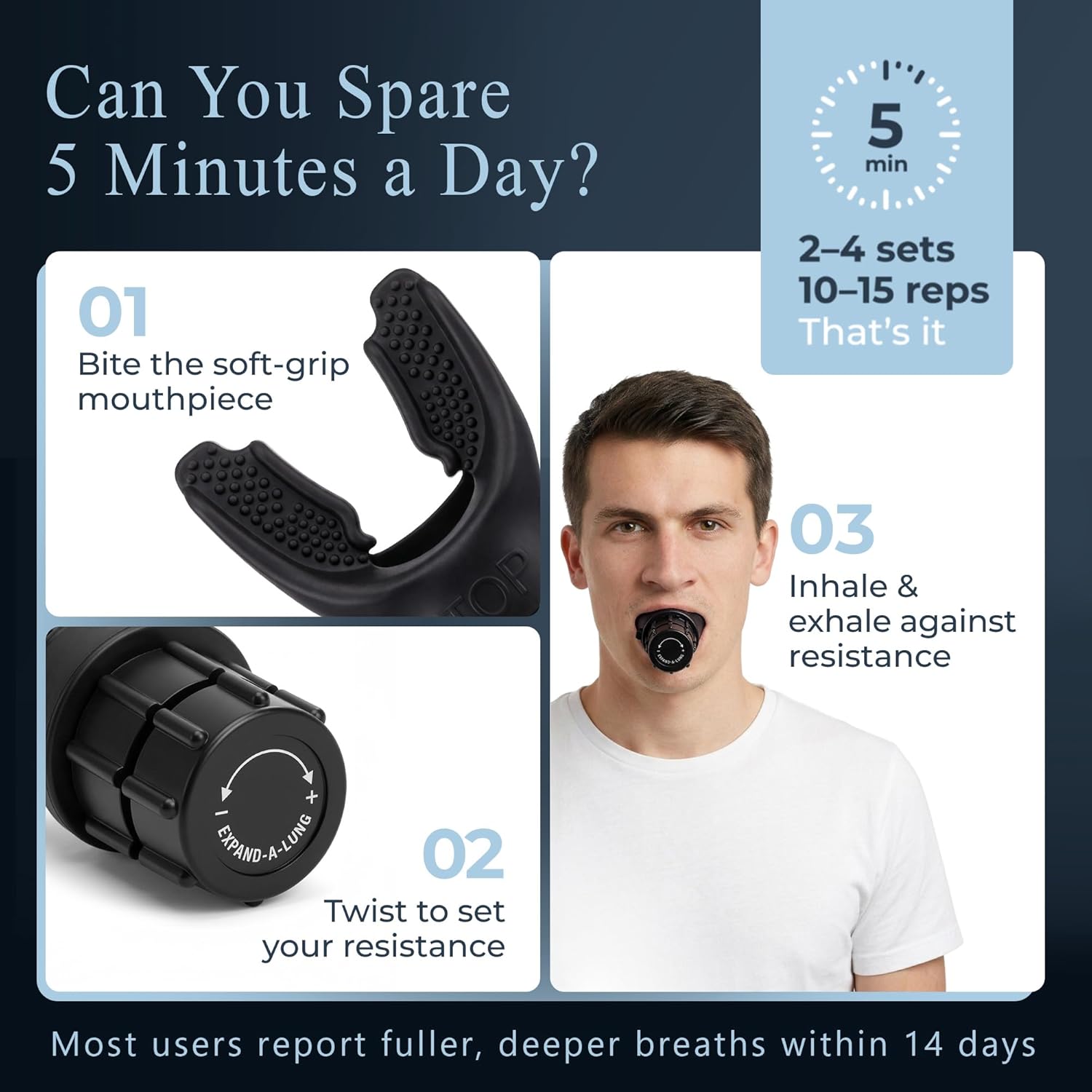 EXPAND-A-LUNG | Breathing Exercise Fitness Trainer | Inspiratory Muscle Strength Tool | Breathe Easier with Stronger Lungs | Dual-Way Inhale-Exhale Adjustable Resistance Settings - Image 4