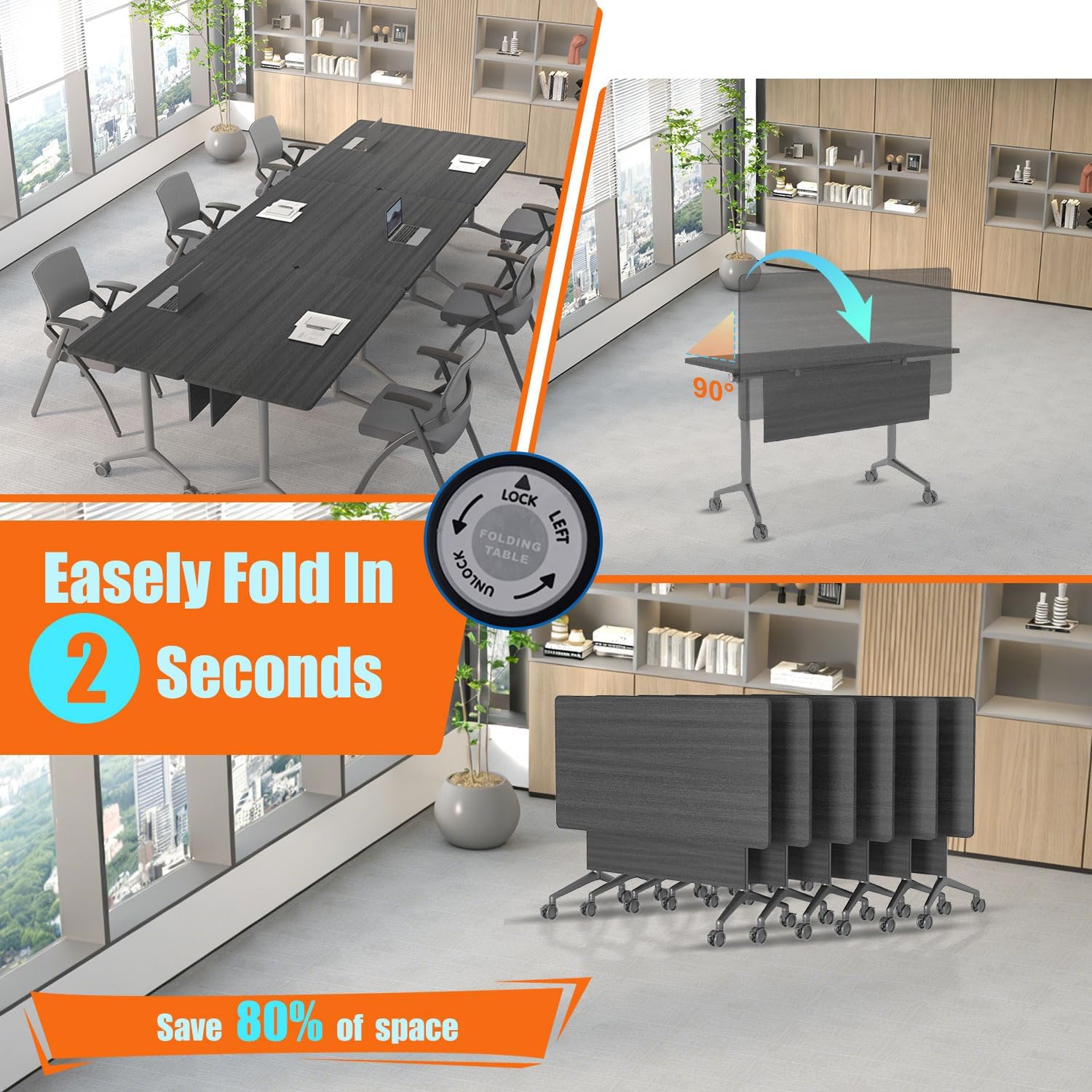 Folding Conference Room Table with Large Wheels,Space-Saving Stackable Folding Meeting Table Modular Flip-Top Conference Tables for Training Rooms, Classrooms & Seminars (6, Elm-Black, 47.2 Inch) - Image 8