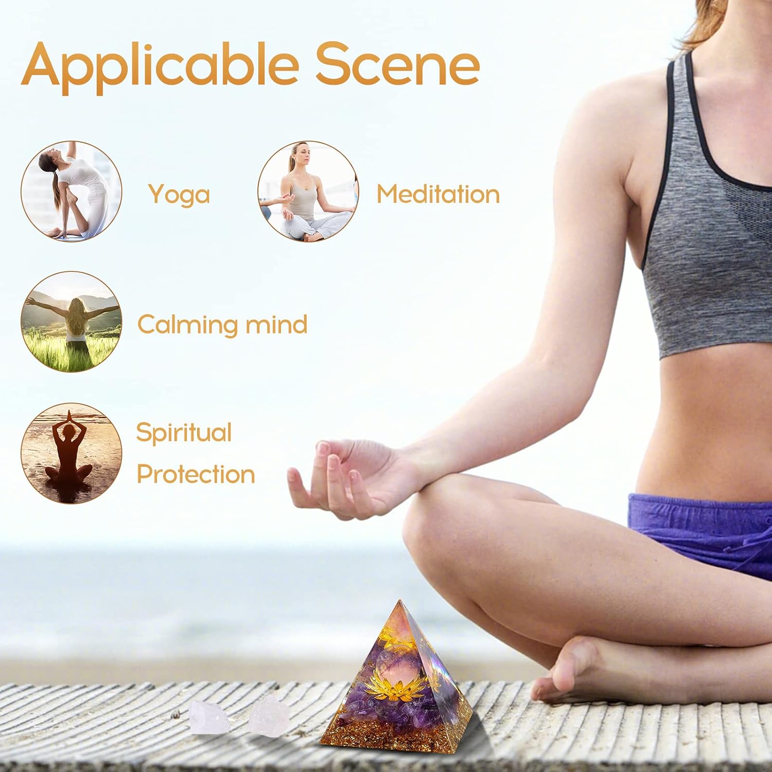 Hopeseed Orgone Crystal Pyramid for Positive Energy, Flower of Life Orgonite Amethyst Healing Crystals Pyramid for Reduce Stress Chakra Healing Meditation Attract Lucky, with 2 White Crystals Stones - Image 4