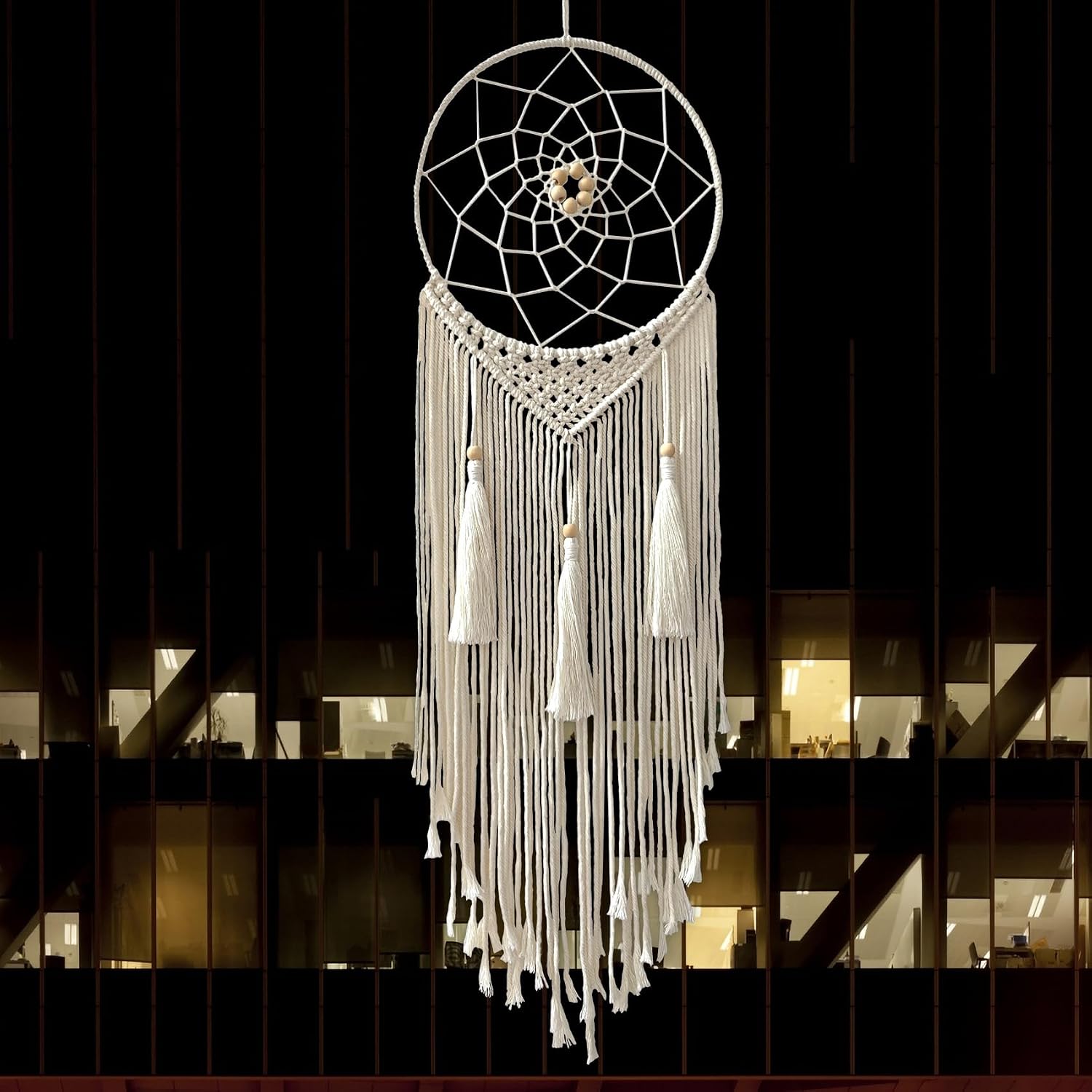 Dream Catcher Macrame Wall Hanging, Boho Decorations for Bedroom Living Room Wedding Party Home Decor, 14" Inner Dia, with 5.9ft Cotton Rope (Medium, Solid) - Image 9
