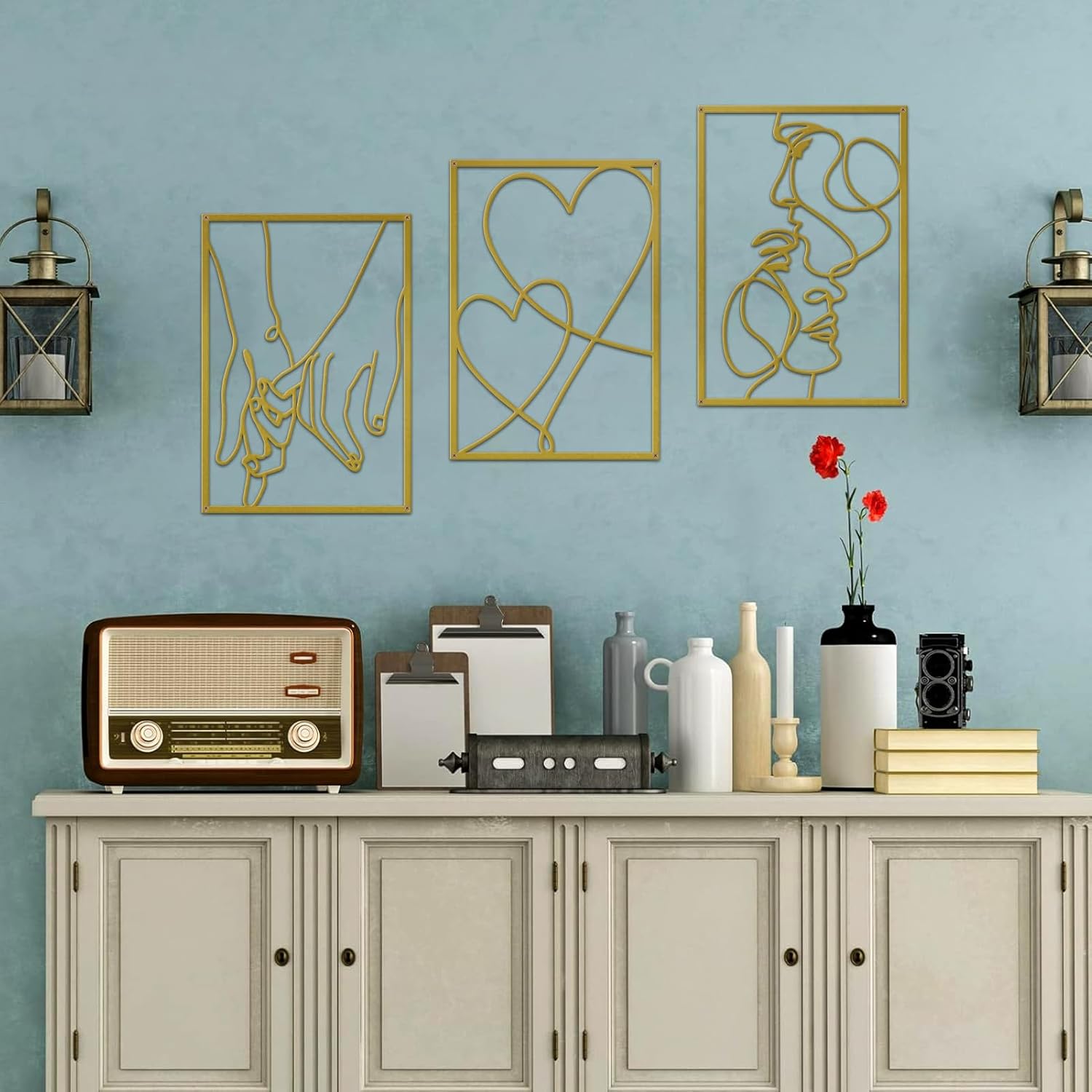 3 Pieces Metal Minimalist Line Wall Art, Valentine's Day Lover Kiss Hand Metal Wall Decor, Aesthetic Modern Home Hanging Wall Art Decor for Bedroom Bathroom Living Room (Gold) - Image 8