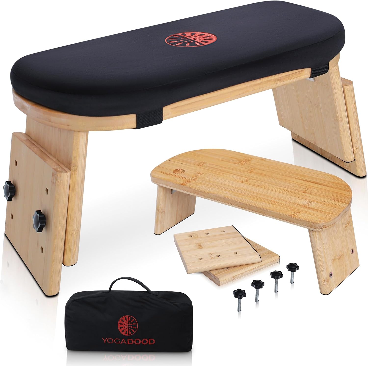 Yoga Dood Zen+ Adjustable Meditation Bench – 3-Level Height Kneeling Bench for Zazen & Prayer – Ergonomic 5° Tilt, Foldable Solid Bamboo with Cushioned Seat & Carry Bag
