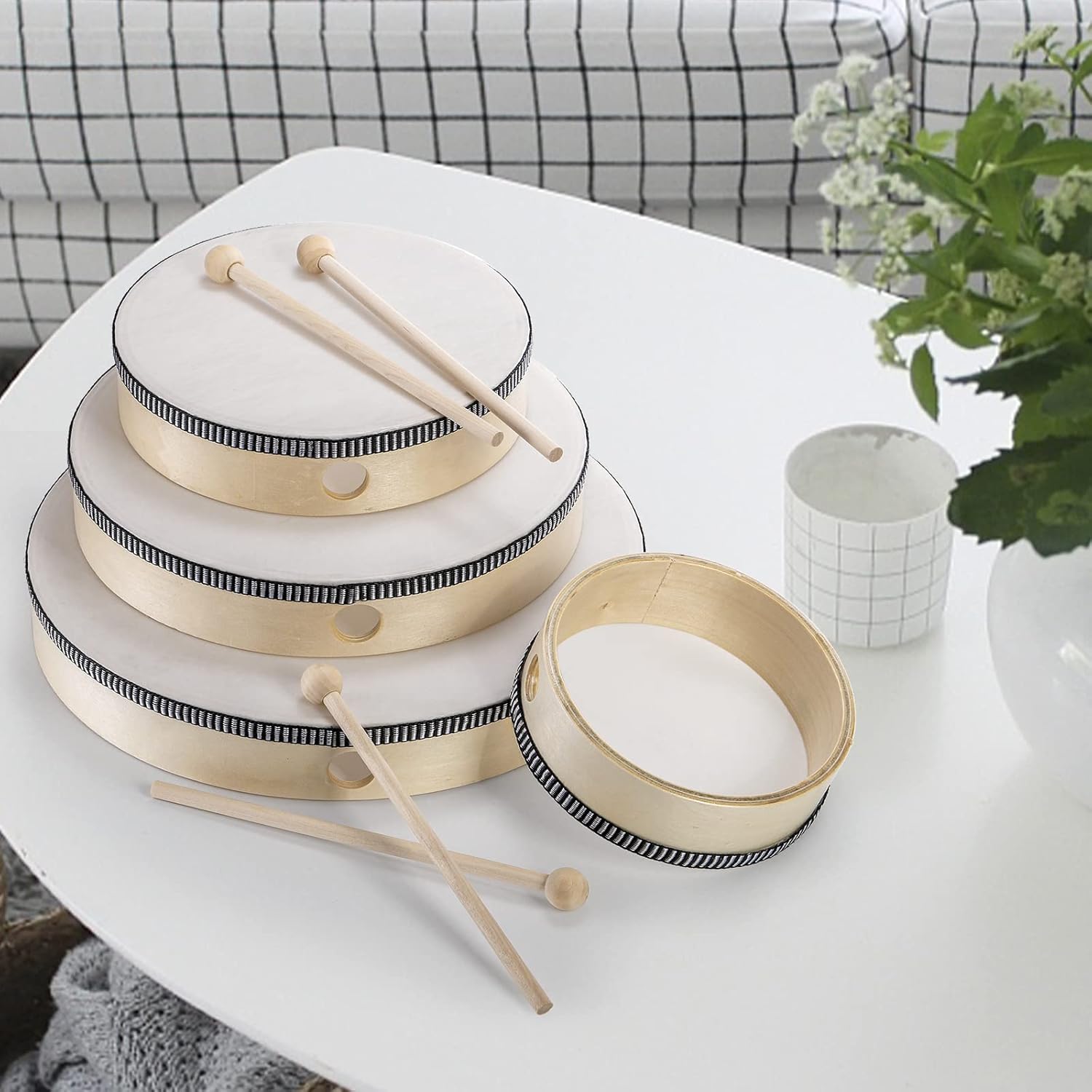 Foraineam 4 Pack Hand Drum 12 Inch 10 Inch 8 Inch 6 Inch Wood Drum Set Musical Percussion Instrument Wooden Frame Drum with Wooden Drum Sticks for Home Party Supplies - Image 7