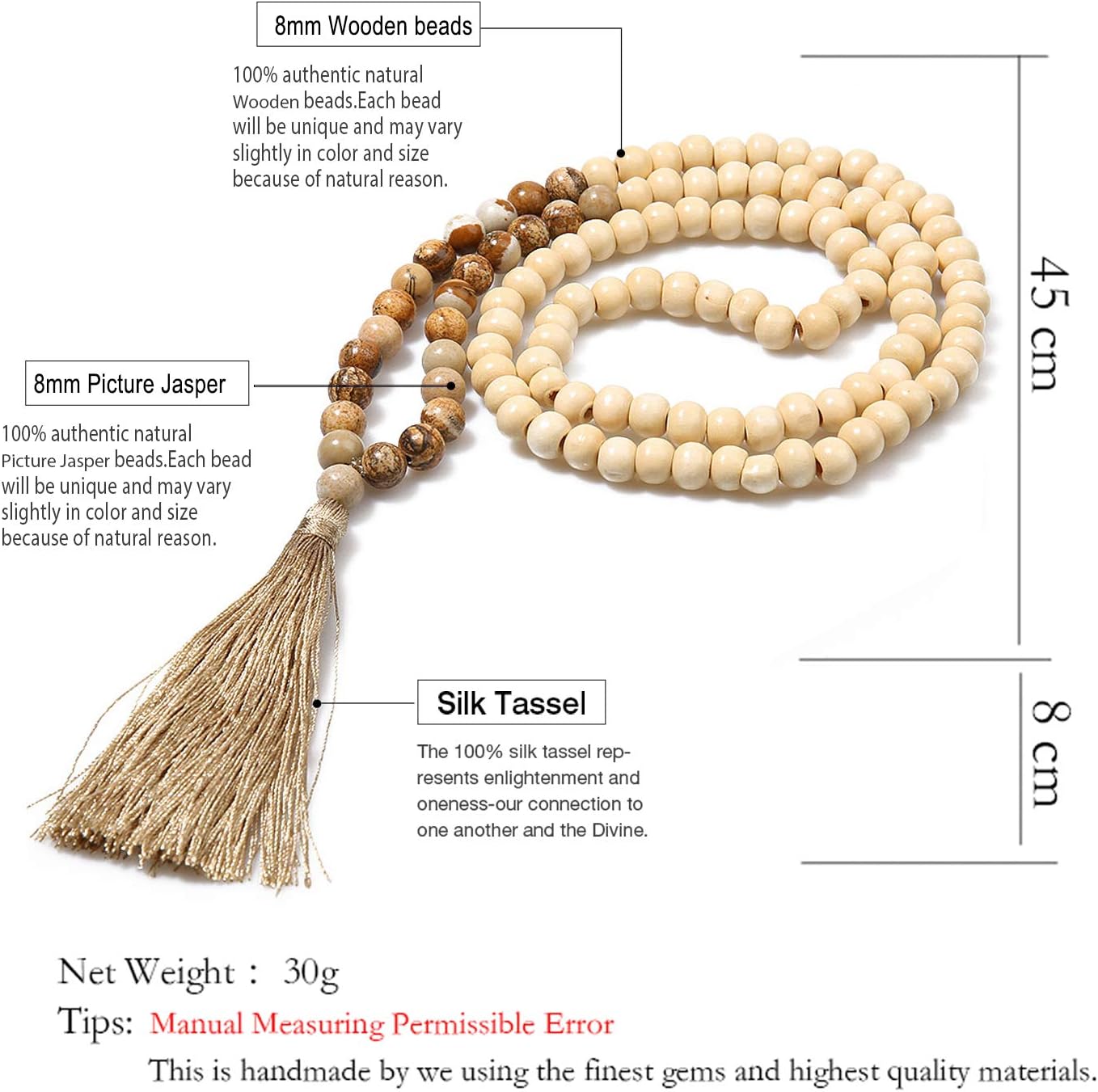 8MM Semi-Precious Gem Stones Wood Mala Bead Necklace Multicolor Tassel Charms Chain Necklace Handmade Beaded Pendant Necklace for Women Men - Image 2
