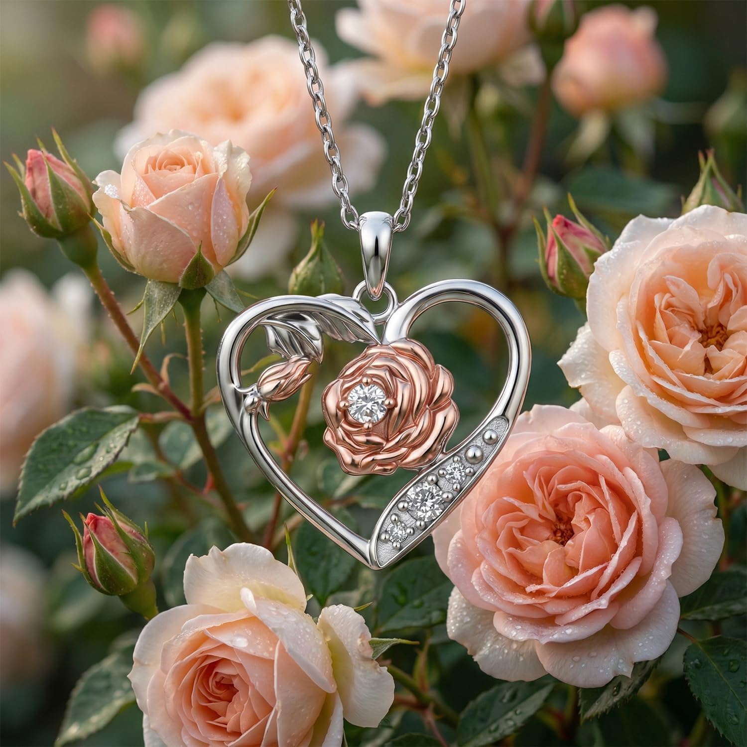 Lab Grown Diamond Rose Necklace for Women, 925 Sterling Silver Diamonds Heart Pendant Birth Flower Necklaces Rose Flower Jewelry Gifts for Women - Image 6