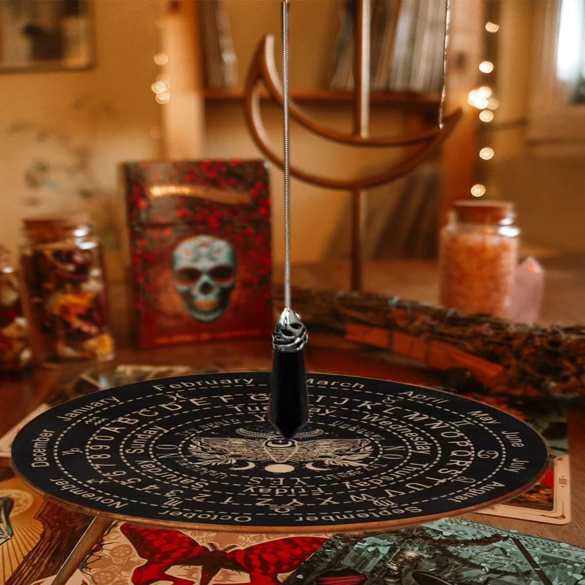 Golgner Wooden Divination, Wooden Pendulum Board Dowsing with Crystal Dowsing, Witchcraft Wiccan Altar Supplies Kit, Wooden Carven Board for Divination Decoration 9.8in - Image 4