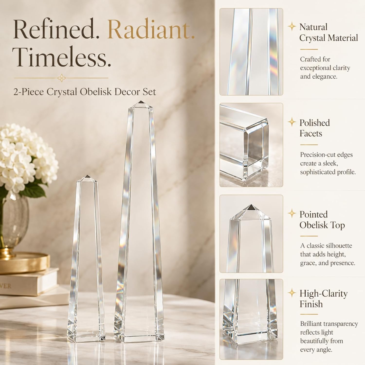Novabright Crystal Obelisk Towers - 2 Pcs 9.25 Inch & 6.18 Inch Optical Crystal Decoration Set, Ideal for Farmhouse, Modern, and Home Decor for Mantel, Vanity, Side Table, Shelf, and Office Styling - Image 3