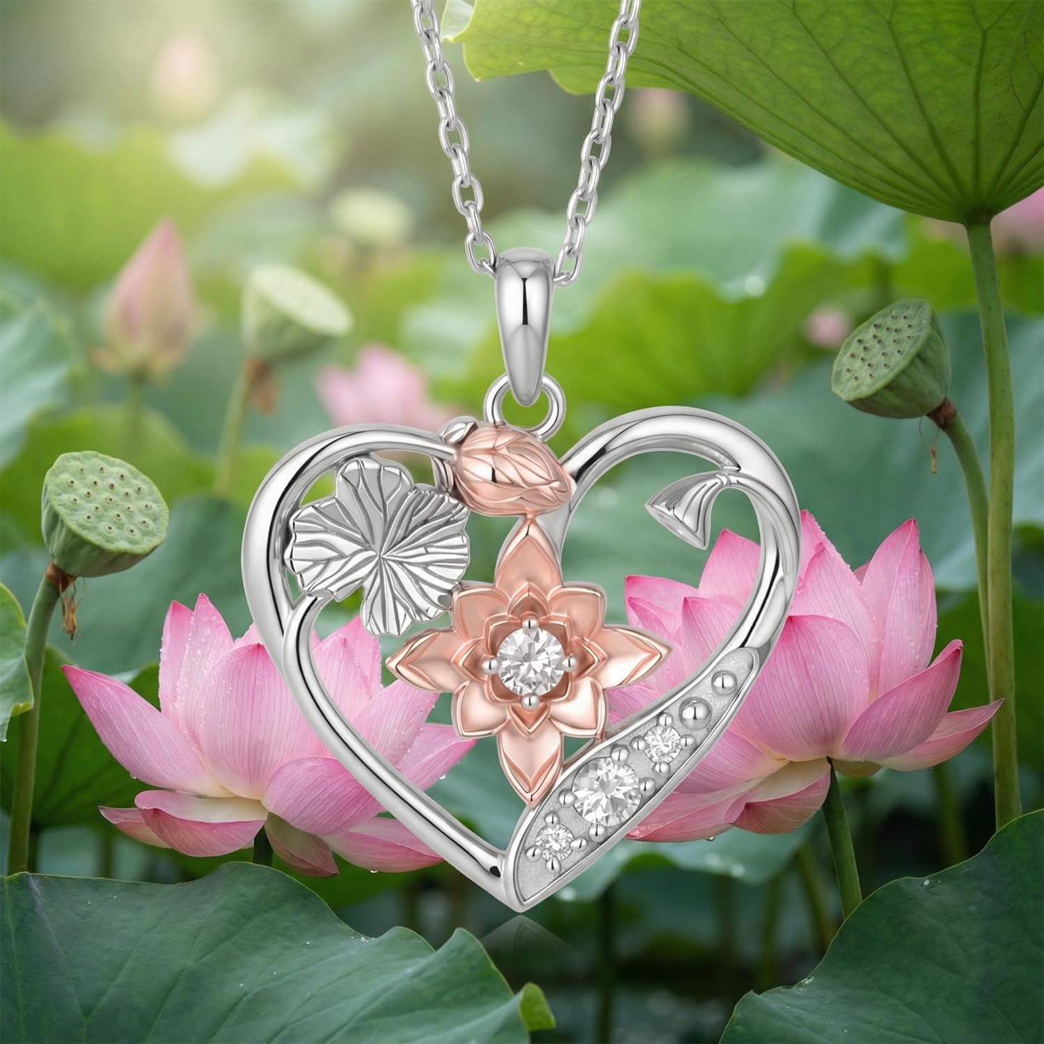 Lab Grown Diamond Lotus Necklace for Women, 925 Sterling Silver Diamonds Heart Pendant Birth Flower Necklaces Lotus Flower Jewelry Gifts for Women - Image 6