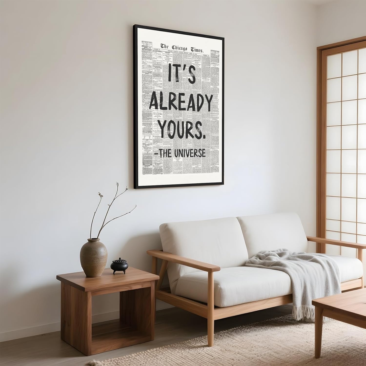 Framed Black And White Retro Newspaper Wall Art ItS Already Yours Universe Quote Poster Trendy Positive Inspirational Wall Decor for Bedroom Office Apartment Dorm Affirmation Canvas Print 8x12inch - Image 3