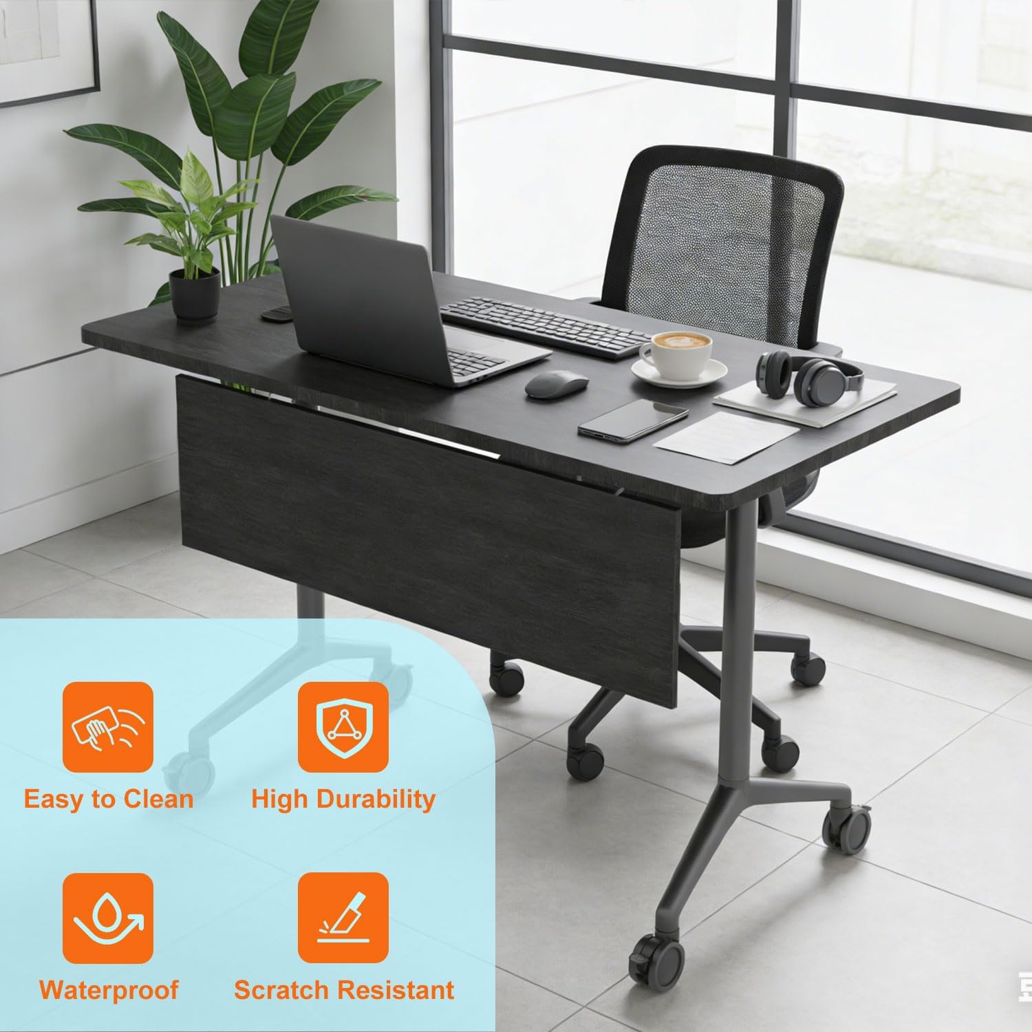 Folding Conference Room Table with Large Wheels,Space-Saving Stackable Folding Meeting Table Modular Flip-Top Conference Tables for Training Rooms, Classrooms & Seminars (6, Elm-Black, 47.2 Inch) - Image 7