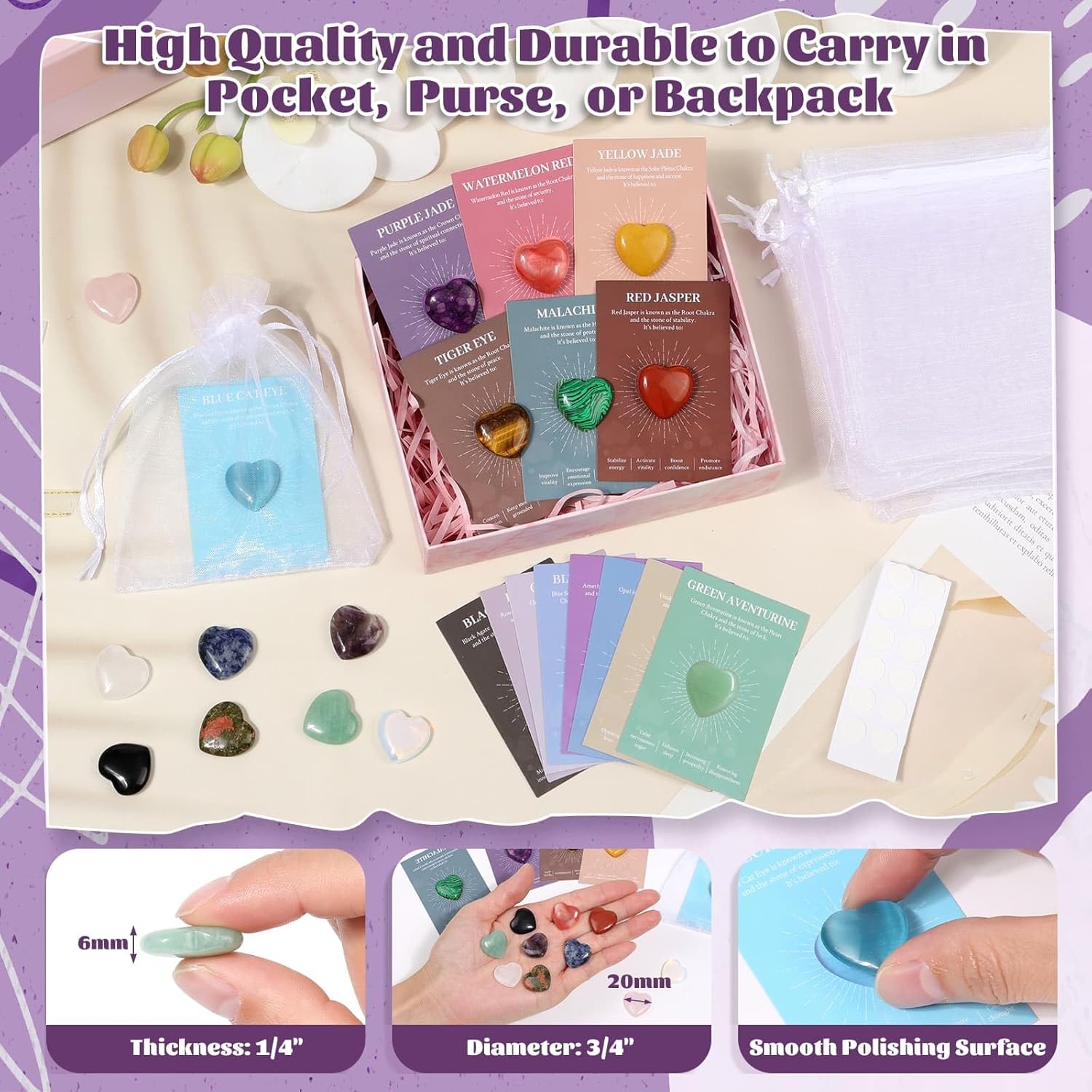 15Pcs Heart Crystals and Healing Stones Bulk, 0.8" Natural Polished Heart Shaped Rocks Gemstones with Meaning Cards for Meditation Balancing Chakra Reiki Spiritual Valentines Mother's Day Gifts - Image 3