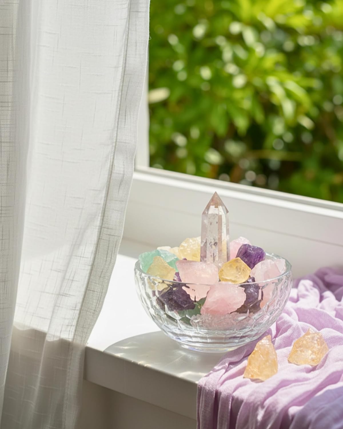 Crystal Decor Bowl Set – 4" Glass Cleansing Bowl with Real Healing Crystals: Clear Quartz Tower, Amethyst, Rose Quartz, Citrine & Fluorite – Meditation Decor & Spiritual Gift Box - Image 7