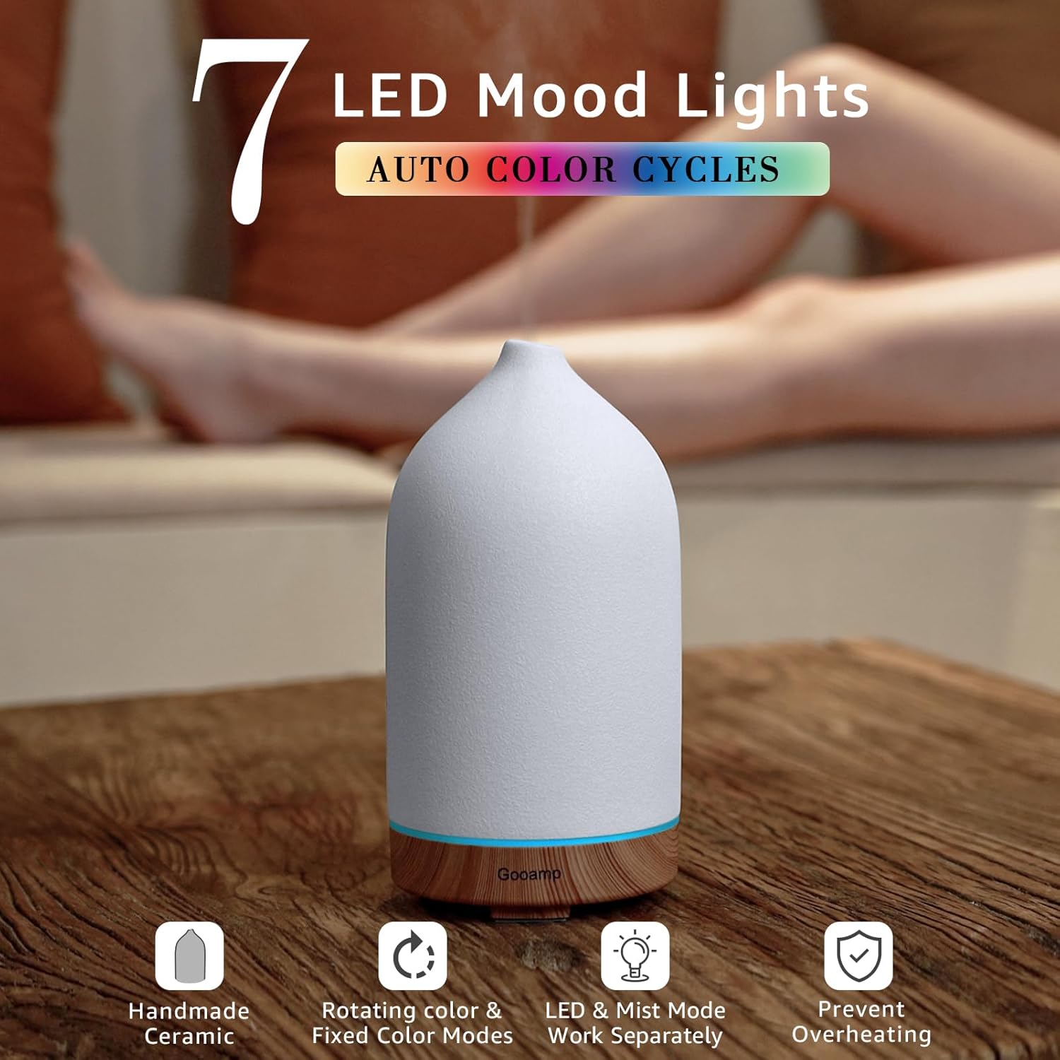 Gooamp 200ML Ceramic Essential Oil Diffuser for Home - Ultrasonic Aromatherapy Diffuser Humidifier with 7 Color LED Lights, Auto Shut-Off, 3 Timers for Bedroom, Office, Yoga, Wood Grain Base - Image 3