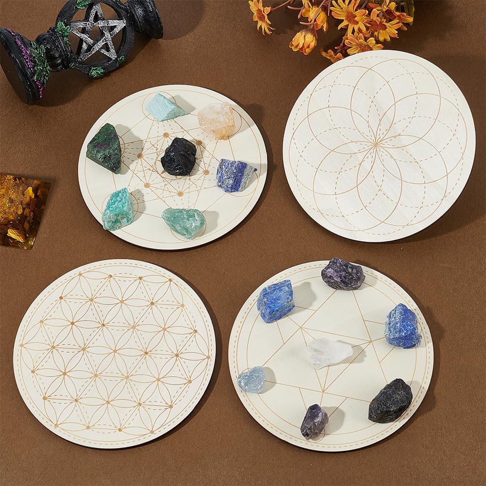 ORIGACH 4 PCS Wooden Crystal Grid Board, Round Sacred Geometry Energy Grids Board, 5.9Inch Diameter Metatron's Cube Crystal Plate for Witchcraft Wiccan Altar Ritual Sacred Space Decor - Image 5
