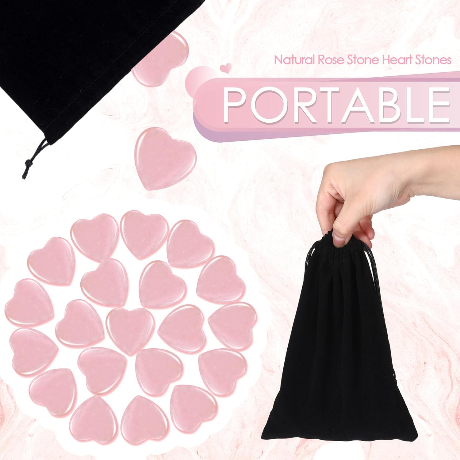 Ecation 120 Pcs Heart Quartz Bulk Crystals Stone Bulk Natural Polished Stone Heart Love Carved Healing Worry Crystal with Flannel Bag for Women Gifts(Rose Quartz) - Image 7