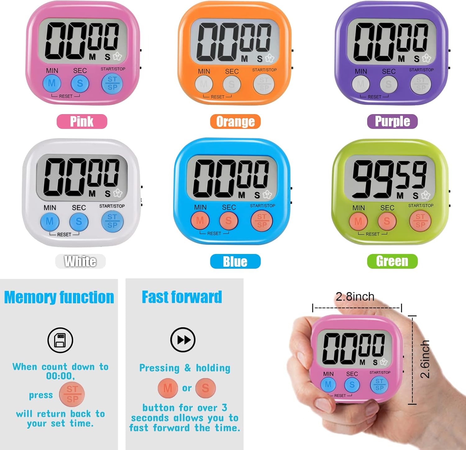 6 Pack Multi-Function Electronic Timer - Magnetic Digital Timers Big LCD Display the Loud/Silent Switch Countdown Timer Extensively Use in Break Time, Cooking,Gym, Meeting, Classroom - Image 7
