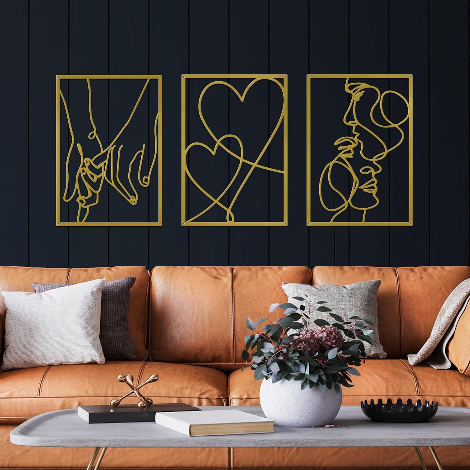 3 Pieces Metal Minimalist Line Wall Art, Valentine's Day Lover Kiss Hand Metal Wall Decor, Aesthetic Modern Home Hanging Wall Art Decor for Bedroom Bathroom Living Room (Gold) - Image 7