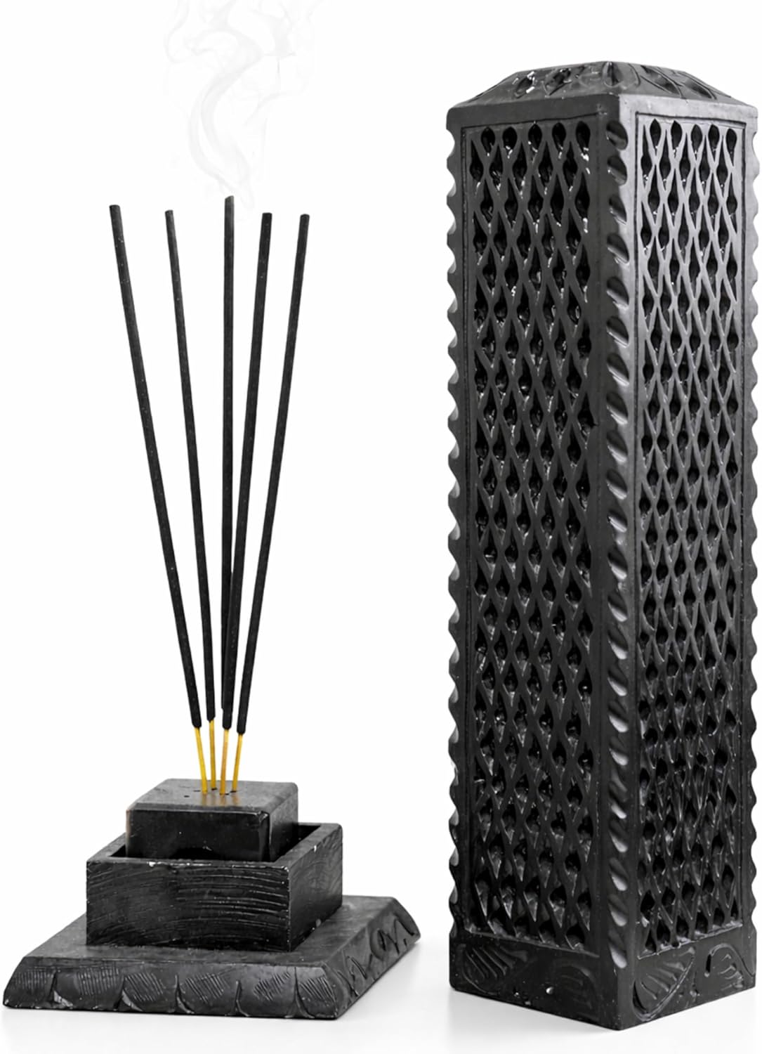 Handmade Marble Black Soapstone Incense Burner, 3x3x11 in | Candle Stick Holder, Tea Light Burner, Jaali Carving, Decorative Home & Kitchen Decor