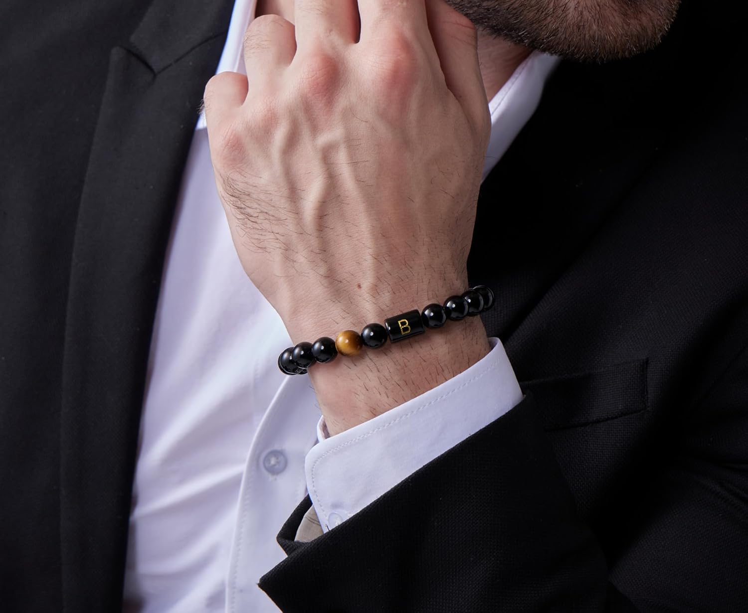 FRG Initials Bracelets for Men Letter Link Handmade Natural Black Onyx Tiger Eye Stone Beads Braided Rope Meaningful Bracelet - Image 4