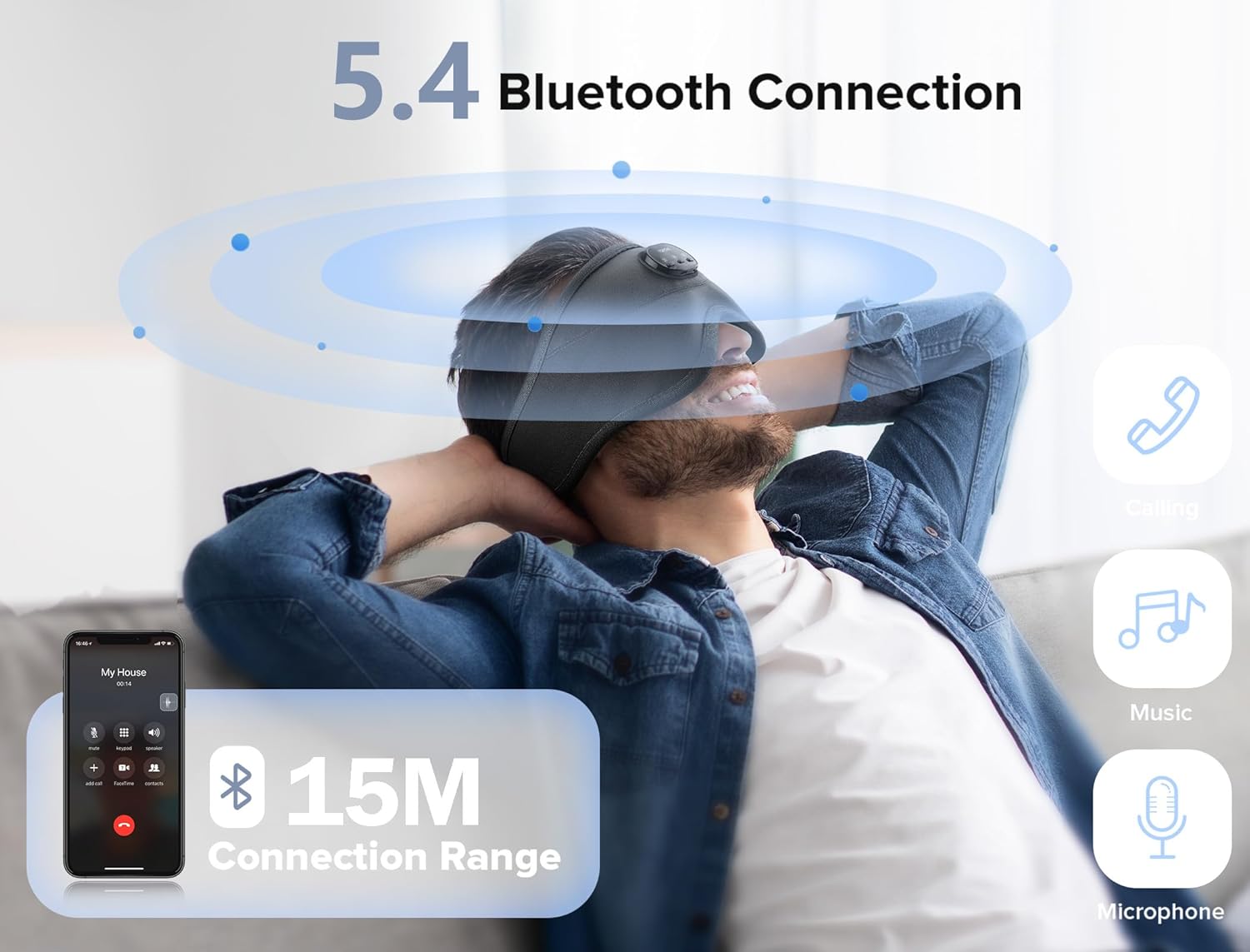 TOPOINT Sleep Mask with Bluetooth Headphones, 3D Eye Mask for Sleep Headphones with White Noise, Total Blackout, 5.4 Bluetooth, Timer, 15 Hours for Women Men, Travel, Meditation, Nap, CPAP Users - Image 4