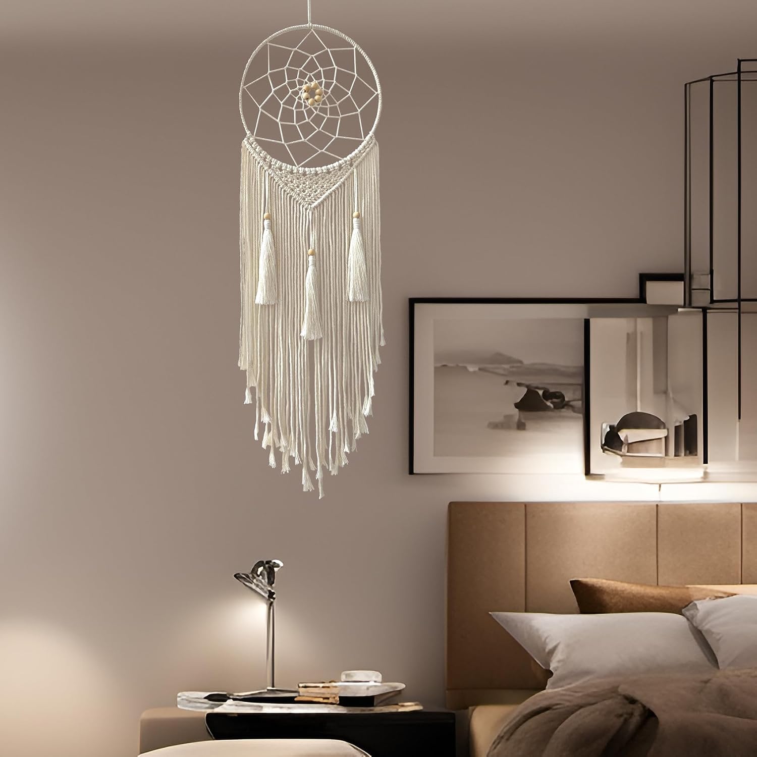 Dream Catcher Macrame Wall Hanging, Boho Decorations for Bedroom Living Room Wedding Party Home Decor, 14" Inner Dia, with 5.9ft Cotton Rope (Medium, Solid) - Image 6